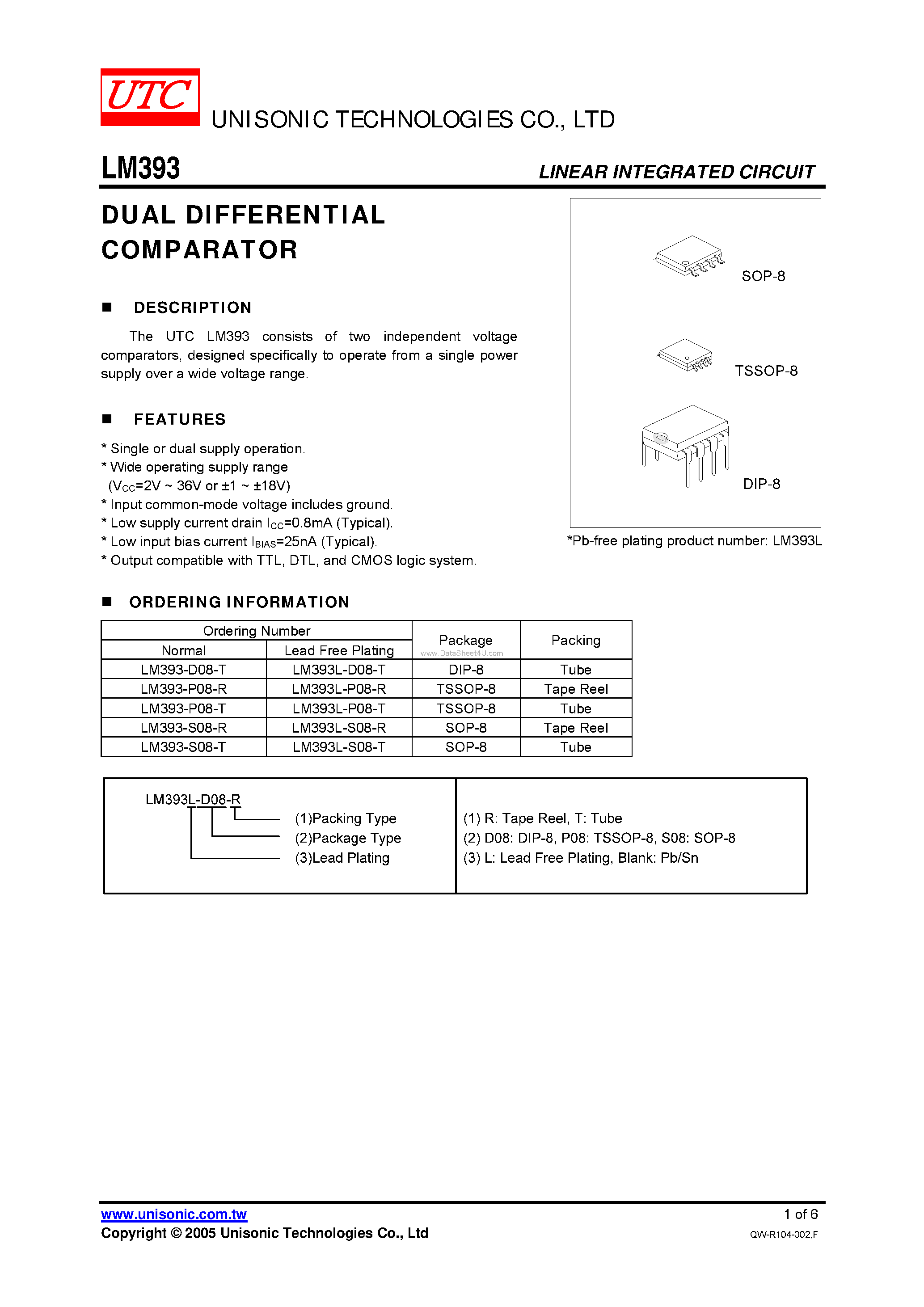 Даташит на микросхему LM393 страница 1 Даташит LM393 - DUAL DIFFERENTIAL COMPARATOR страница 1