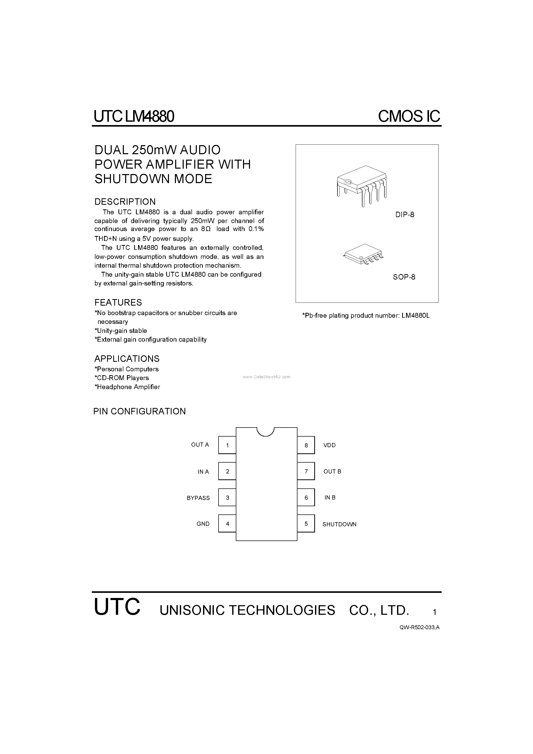 Datasheet LM4880 - DUAL 250m W AUDIO POWER AMPLIFIER page 1