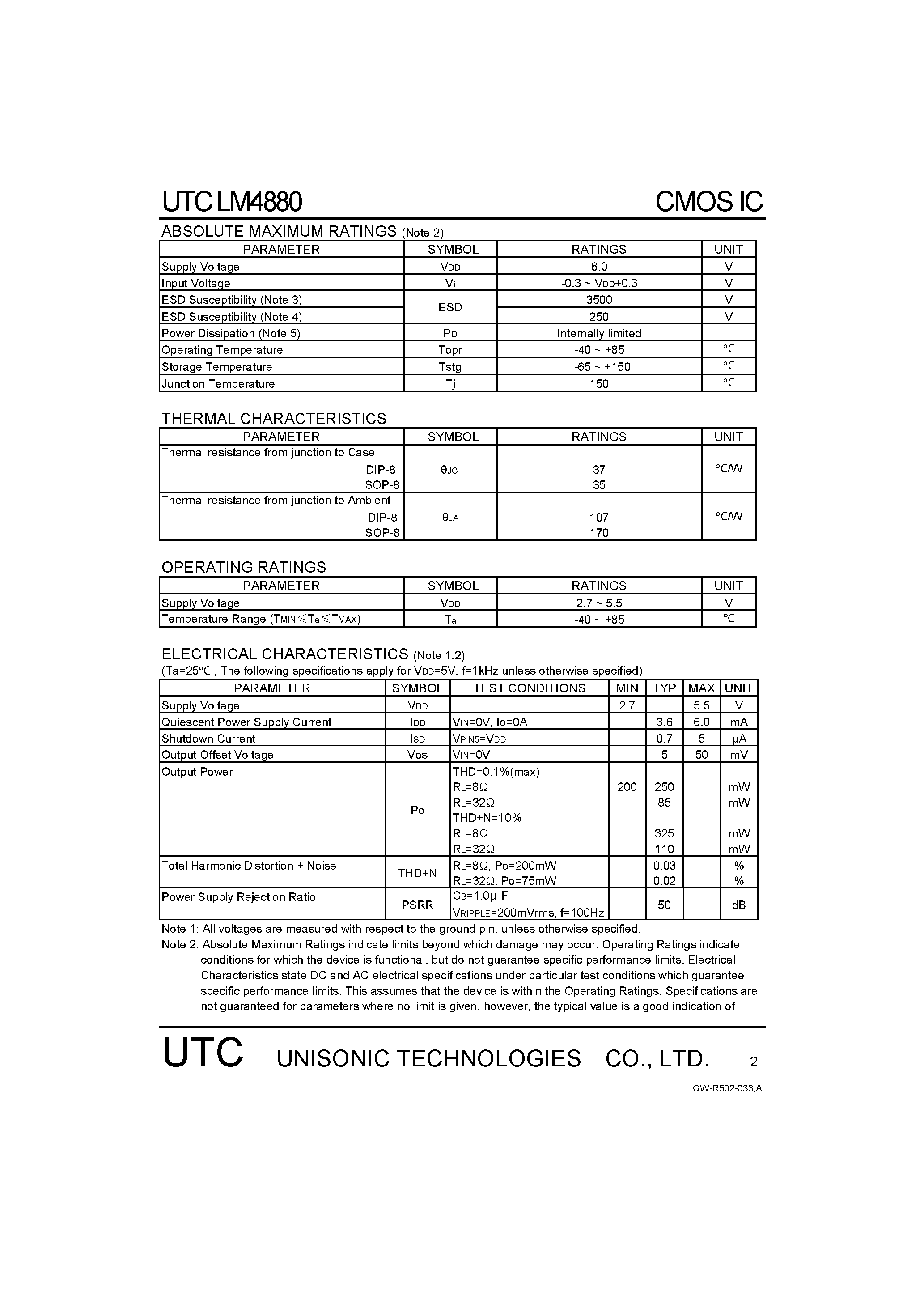 Datasheet LM4880 - DUAL 250m W AUDIO POWER AMPLIFIER page 2