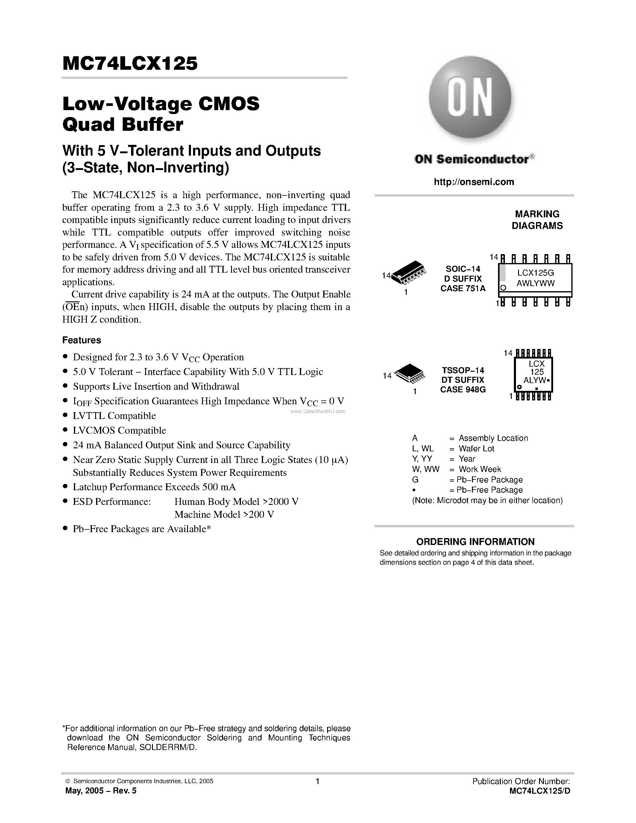 Даташит MC74LCX125 - Low-Voltage CMOS Quad Buffer страница 1