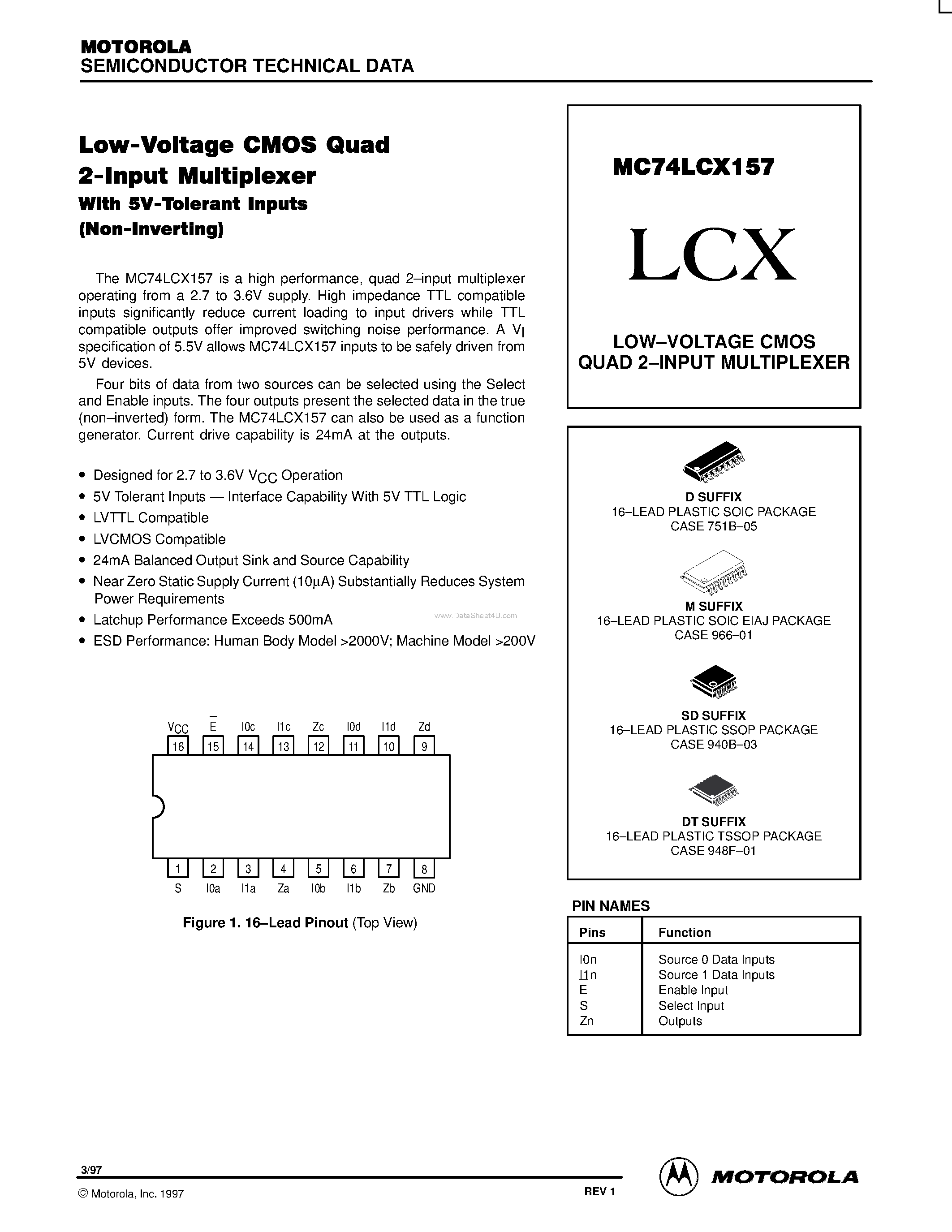 Даташит MC74LCX157 - LOW-VOLTAGE CMOS QUAD 2-INPUT MULTIPLEXER страница 1
