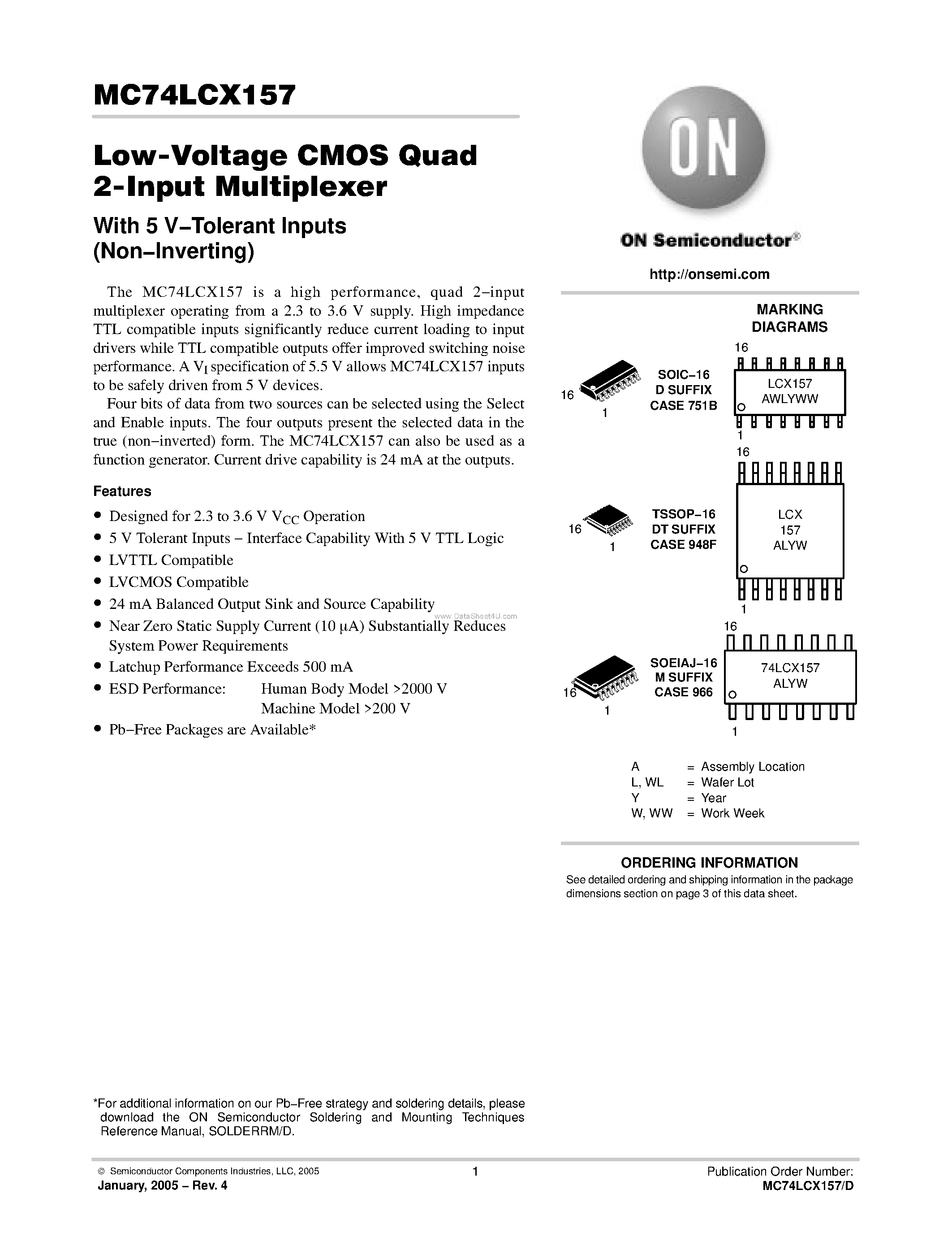 Даташит MC74LCX157 - Low-Voltage CMOS Quad 2-Input Multiplexer страница 1