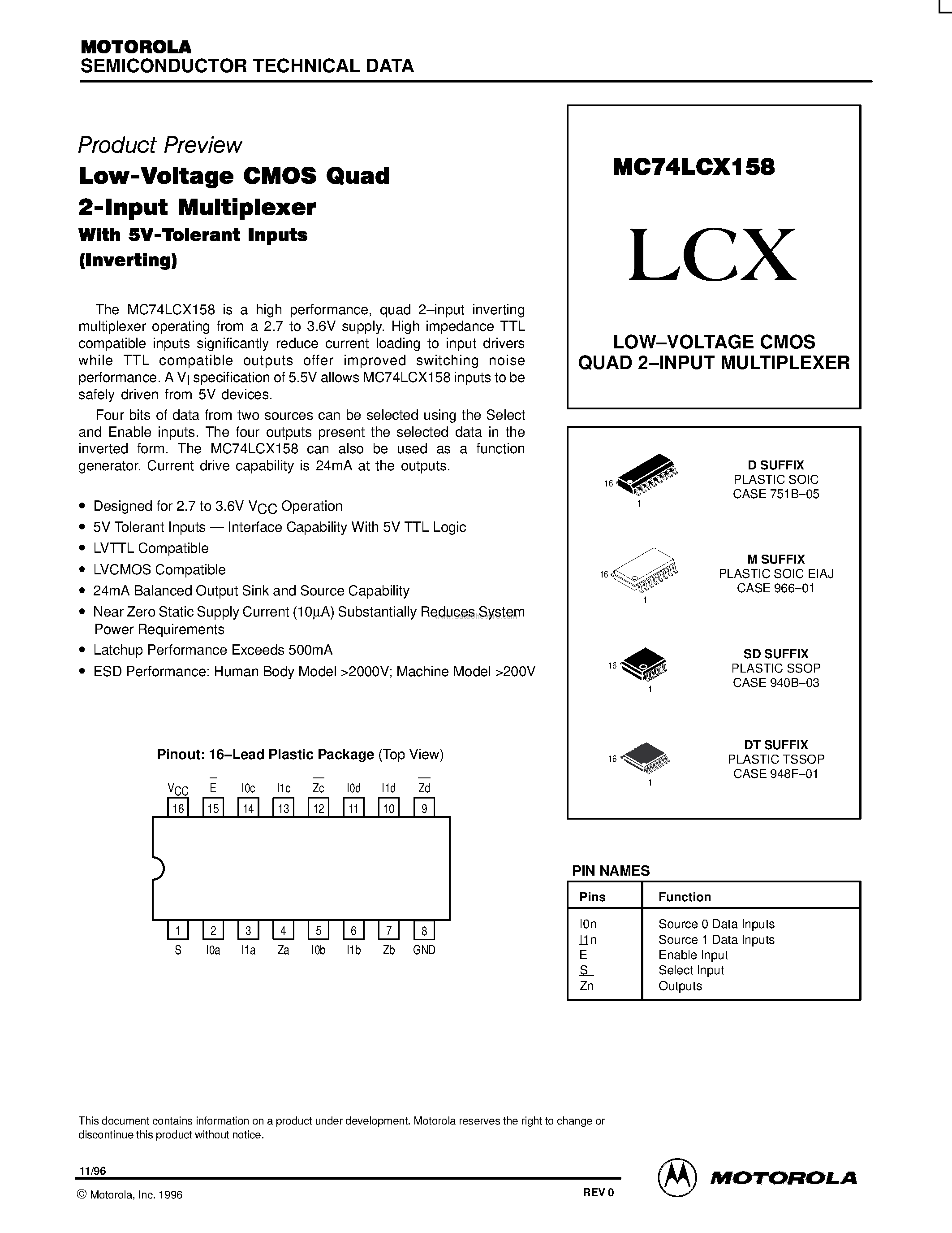Даташит MC74LCX158 - LOW-VOLTAGE CMOS QUAD 2-INPUT MULTIPLEXER страница 1