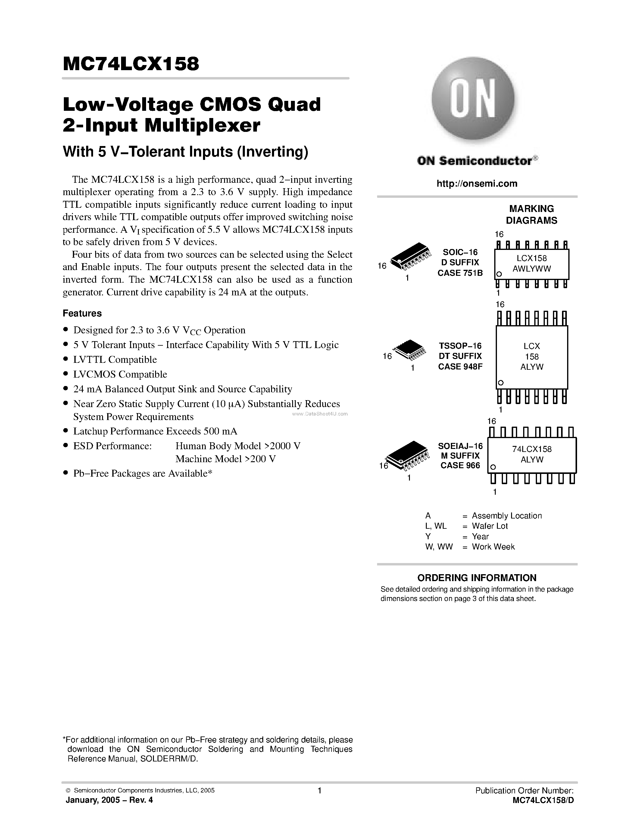 Даташит MC74LCX158 - Low-Voltage CMOS Quad 2-Input Multiplexer страница 1