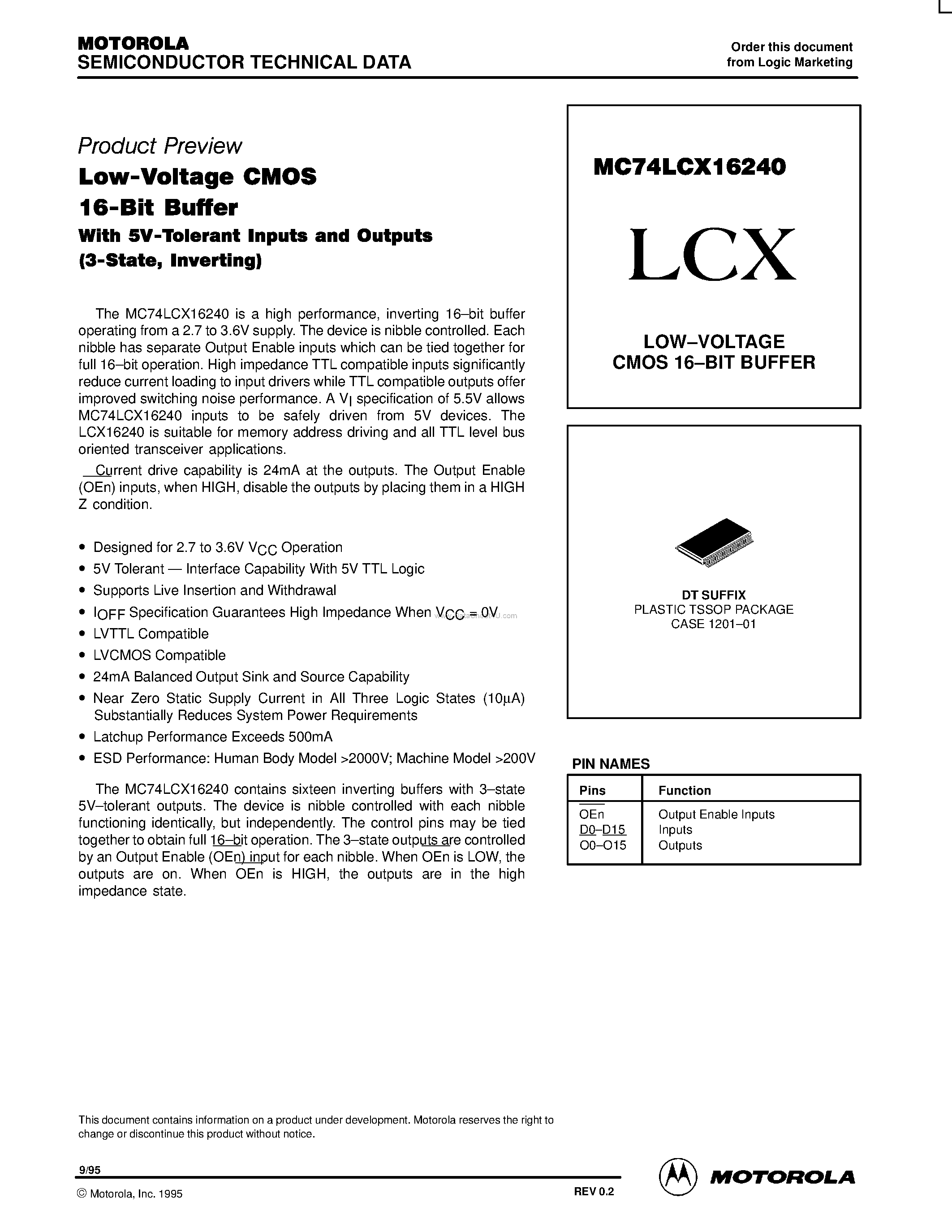 Datasheet MC74LCX16240 - LOW-VOLTAGE CMOS 16-BIT BUFFER page 1