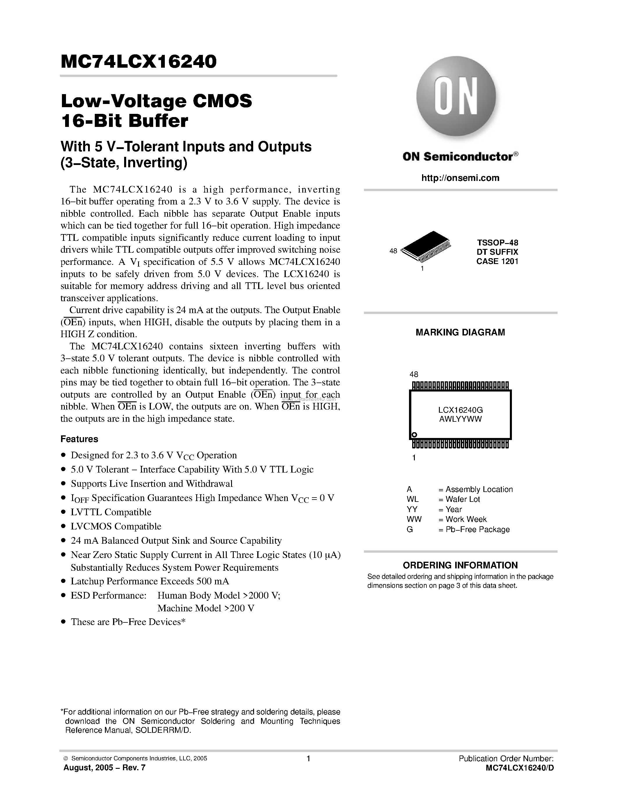 Даташит MC74LCX16240 - Low-Voltage CMOS 16-Bit Buffer страница 1