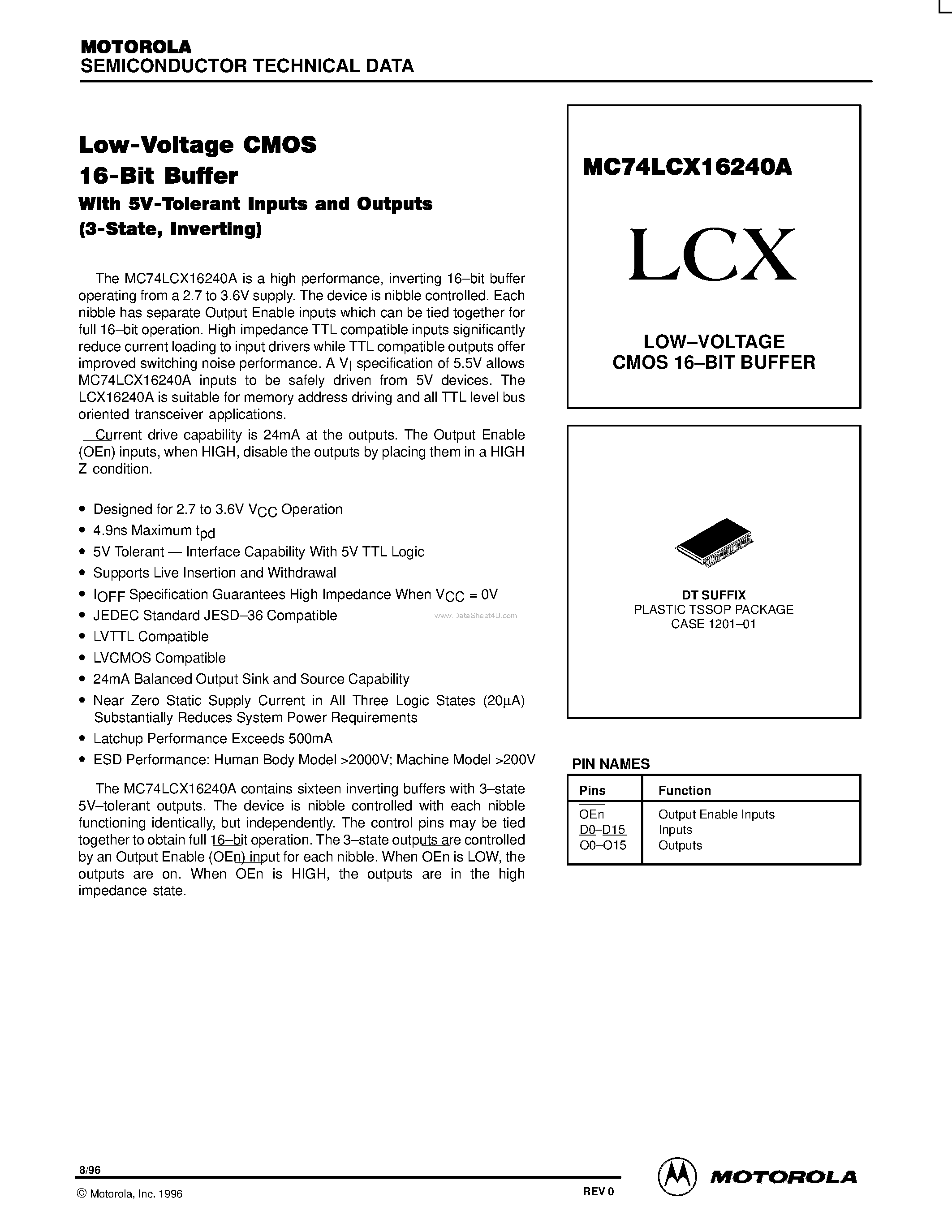 Даташит MC74LCX16240A - LOW-VOLTAGE CMOS 16-BIT BUFFER страница 1