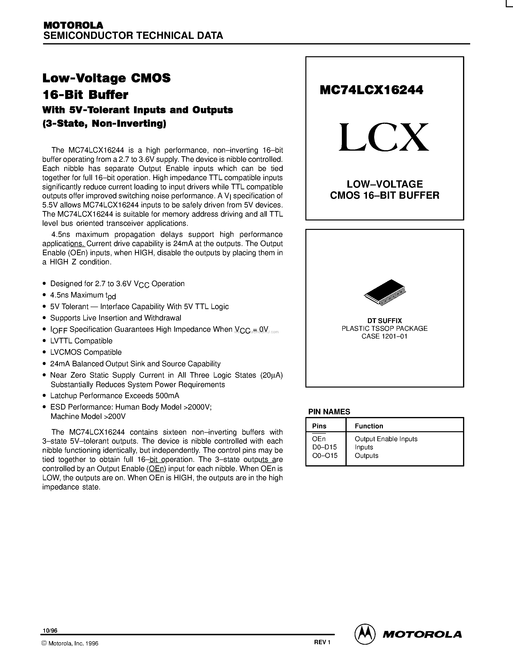 Даташит MC74LCX16244 - LOW-VOLTAGE CMOS 16-BIT BUFFER страница 1