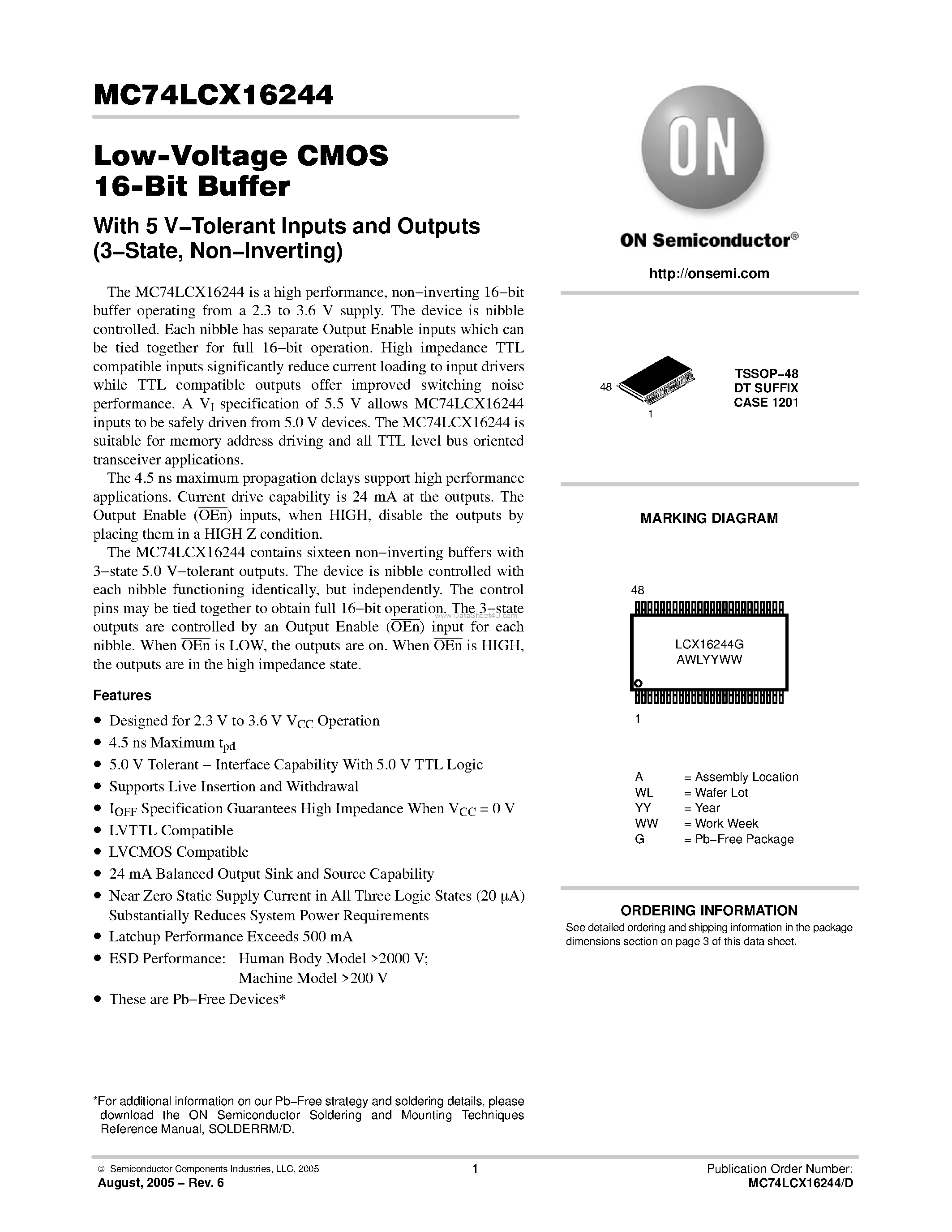 Даташит MC74LCX16244 - Low-Voltage CMOS 16-Bit Buffer страница 1