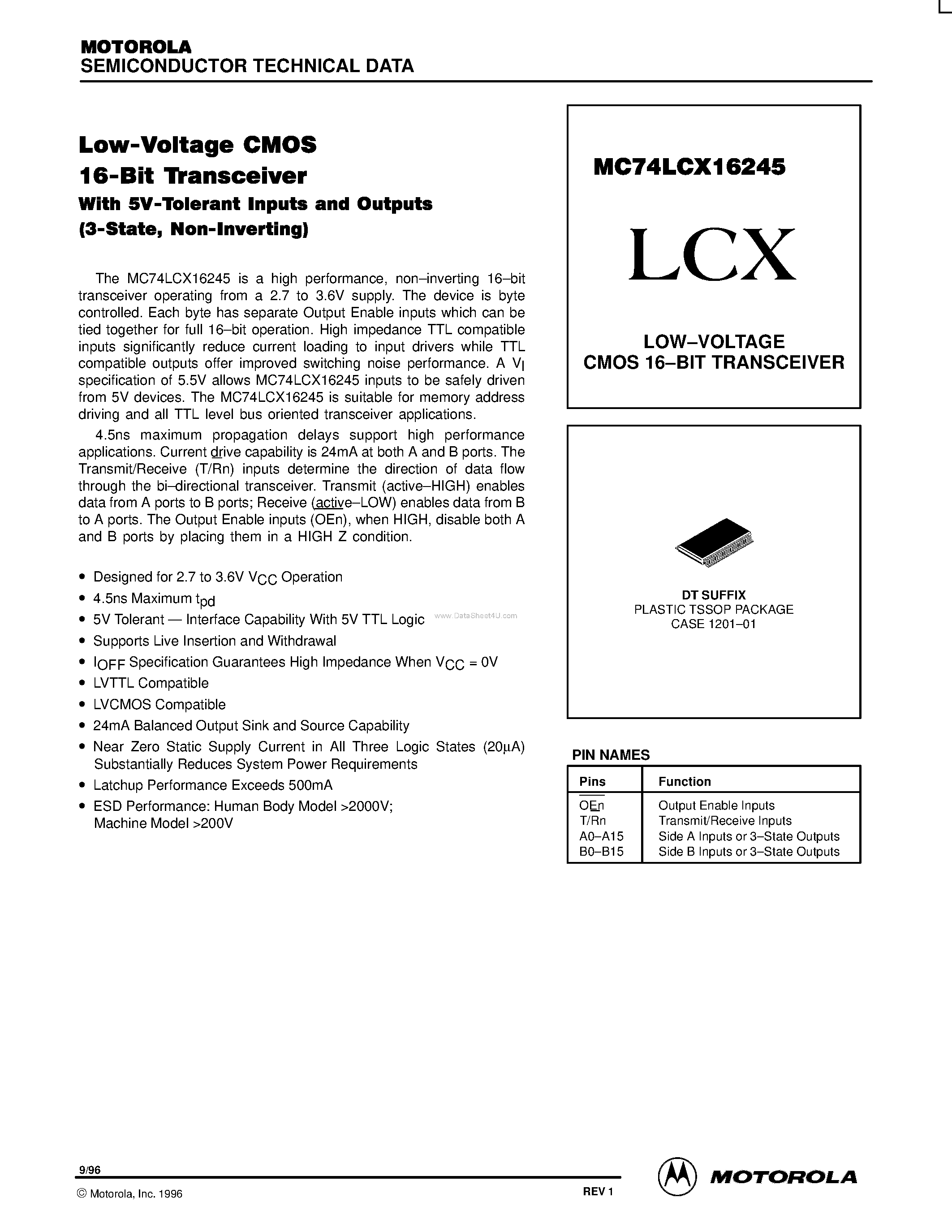Даташит MC74LCX16245 - LOW-VOLTAGE CMOS 16-BIT TRANSCEIVER страница 1