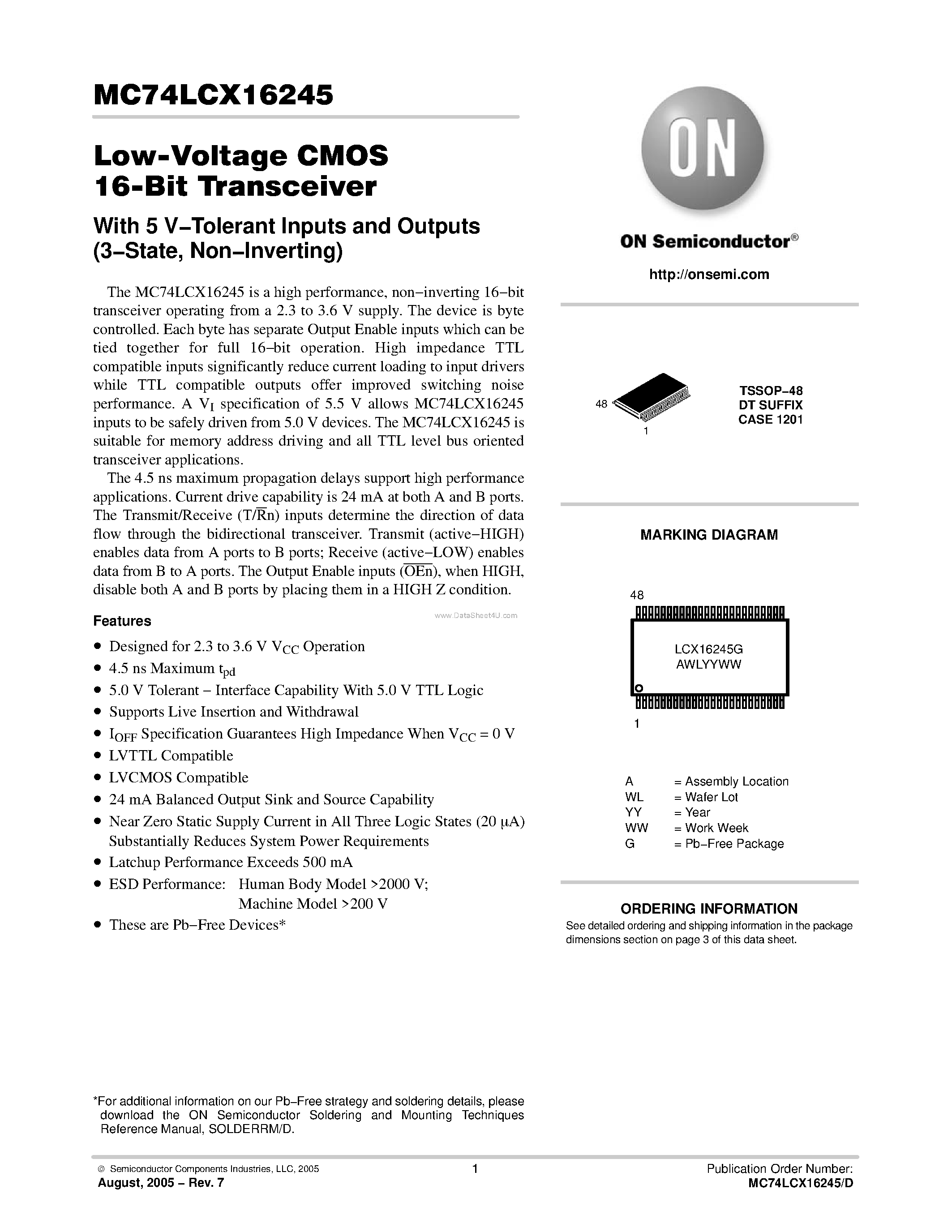 Даташит MC74LCX16245 - Low-Voltage CMOS 16-Bit Transceiver страница 1