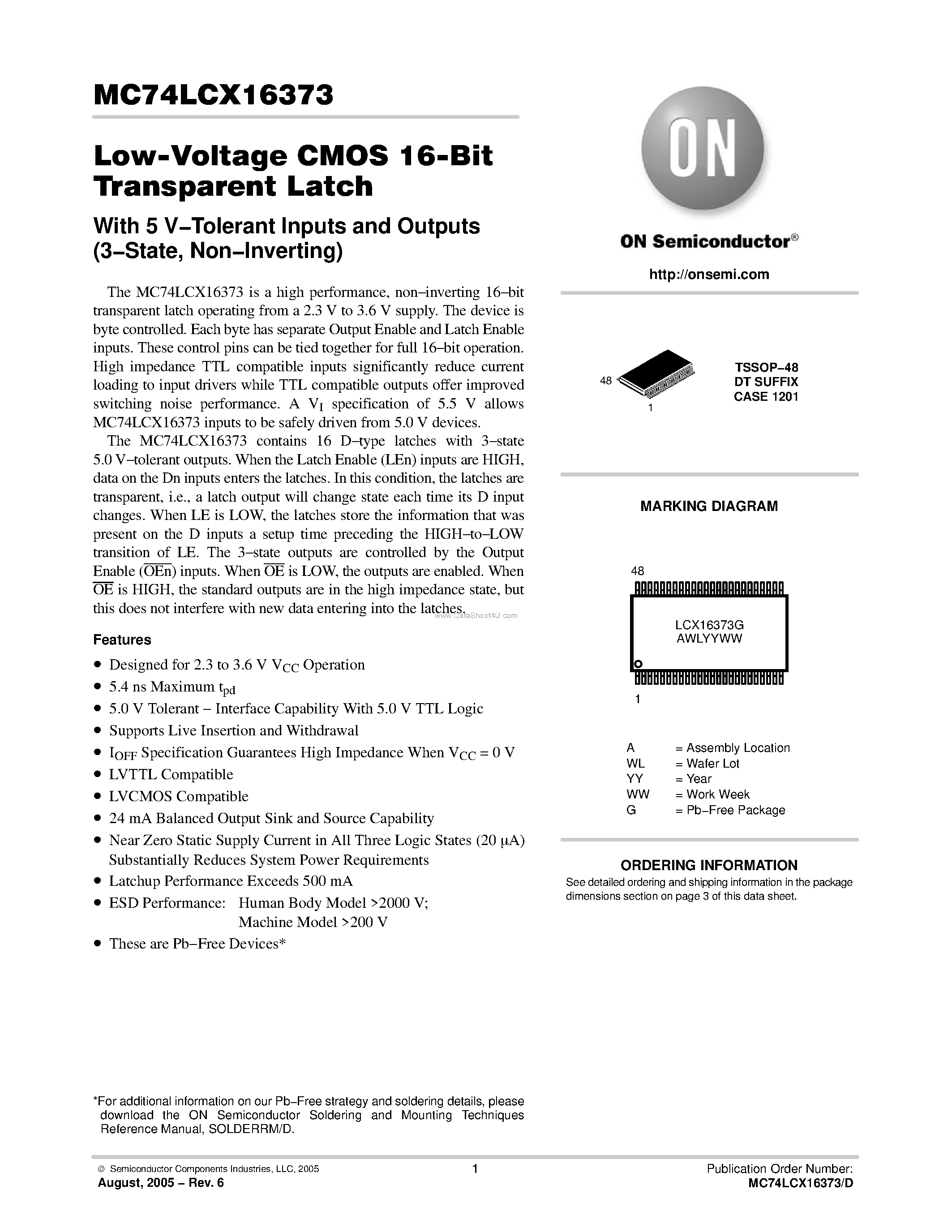Даташит MC74LCX16373 - Low-Voltage CMOS 16-Bit Transparent Latch страница 1