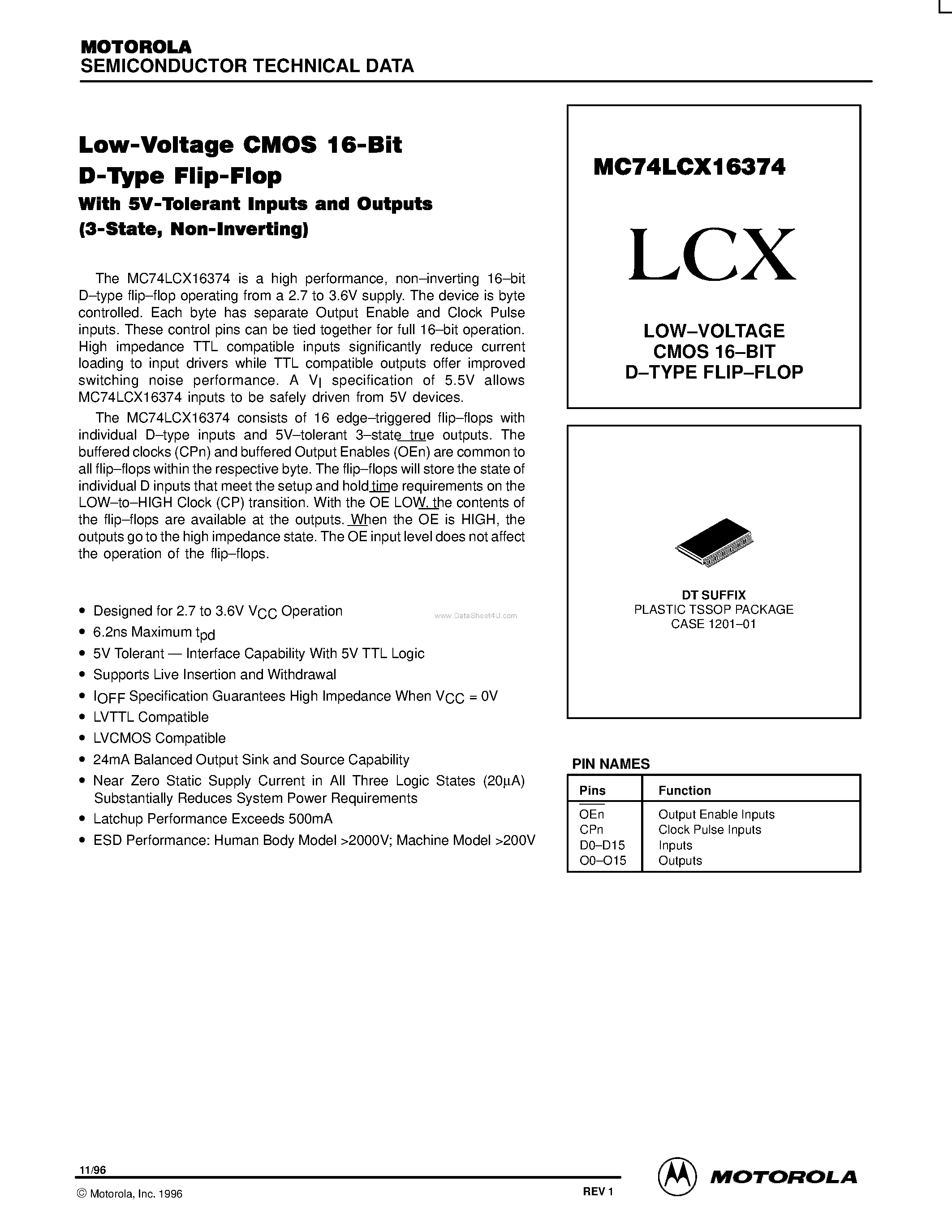Даташит MC74LCX16374 - LOW-VOLTAGE CMOS 16-BIT D-TYPE FLIP-FLOP страница 1