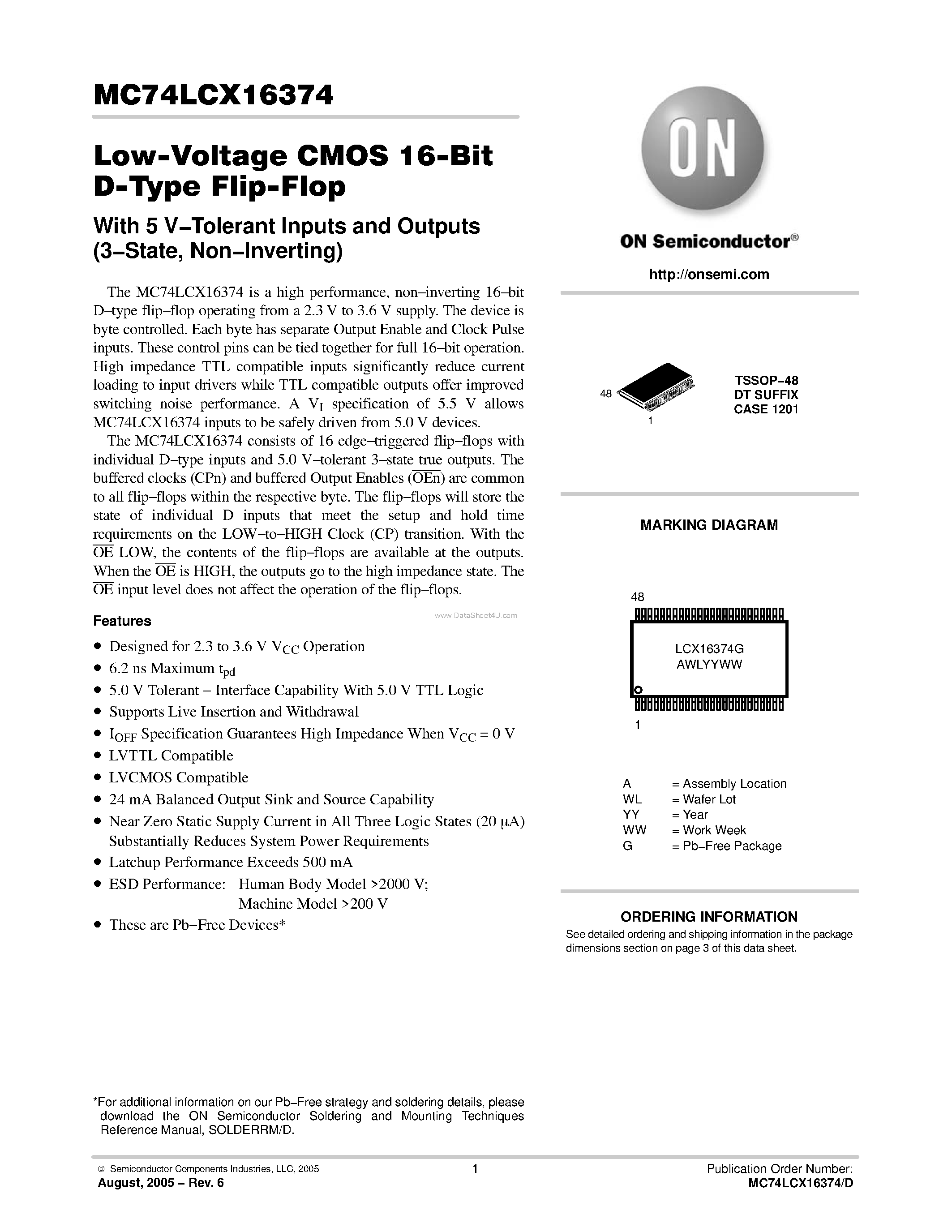 Даташит MC74LCX16374 - LOW-VOLTAGE CMOS 16-BIT D-TYPE FLIP-FLOP страница 1