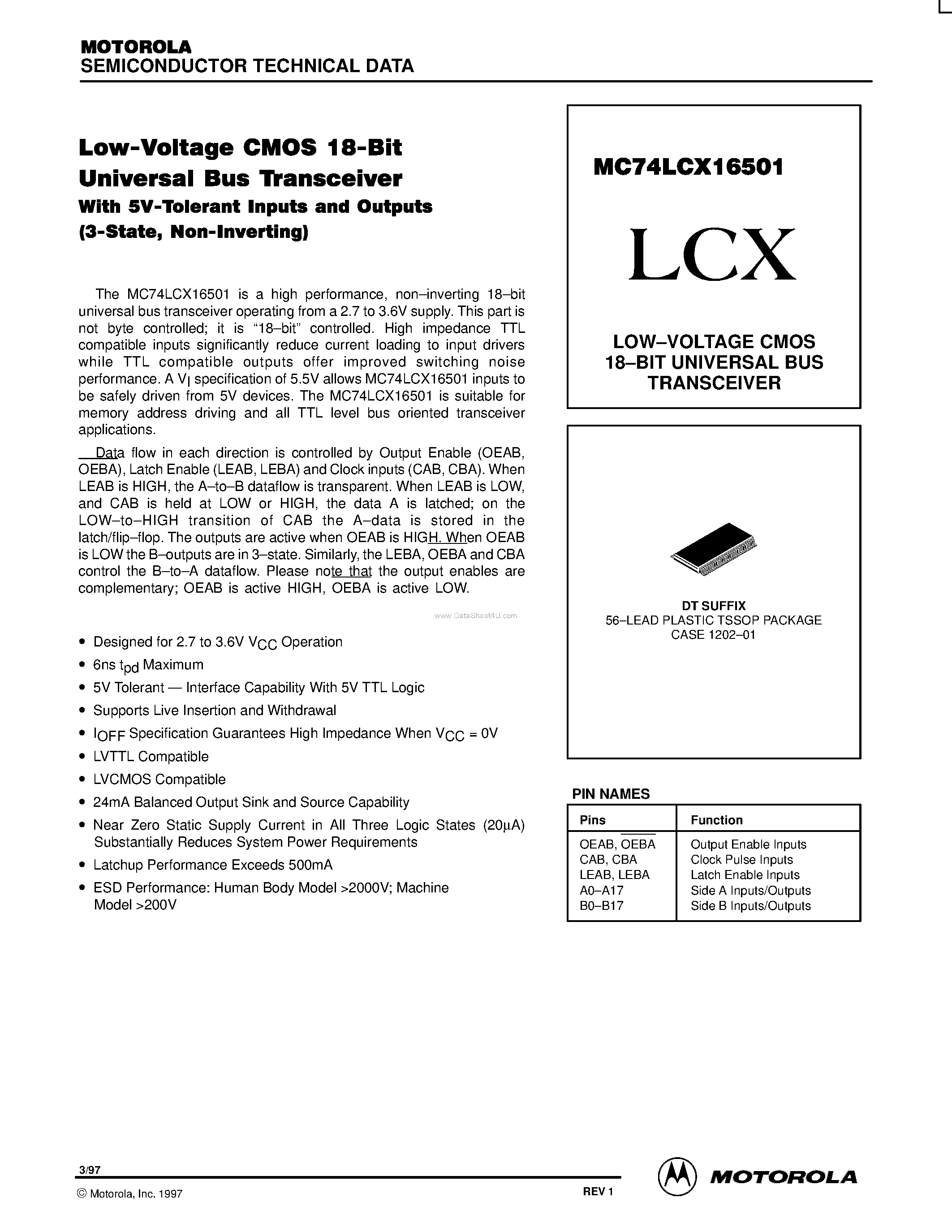 Даташит MC74LCX16501 - LOW-VOLTAGE CMOS 18-BIT UNIVERSAL BUS TRANSCEIVER страница 1