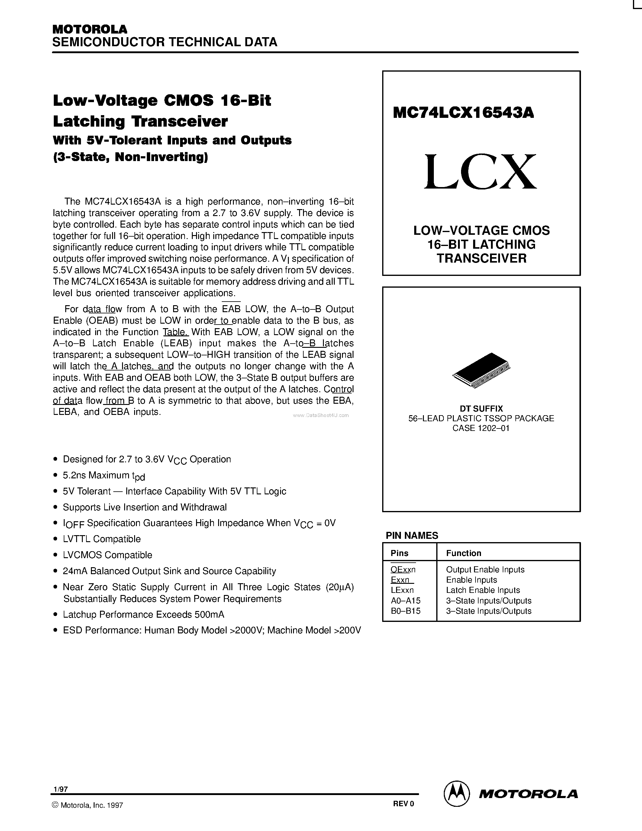 Даташит MC74LCX16543A - LOW-VOLTAGE CMOS 16-BIT LATCHING TRANSCEIVER страница 1