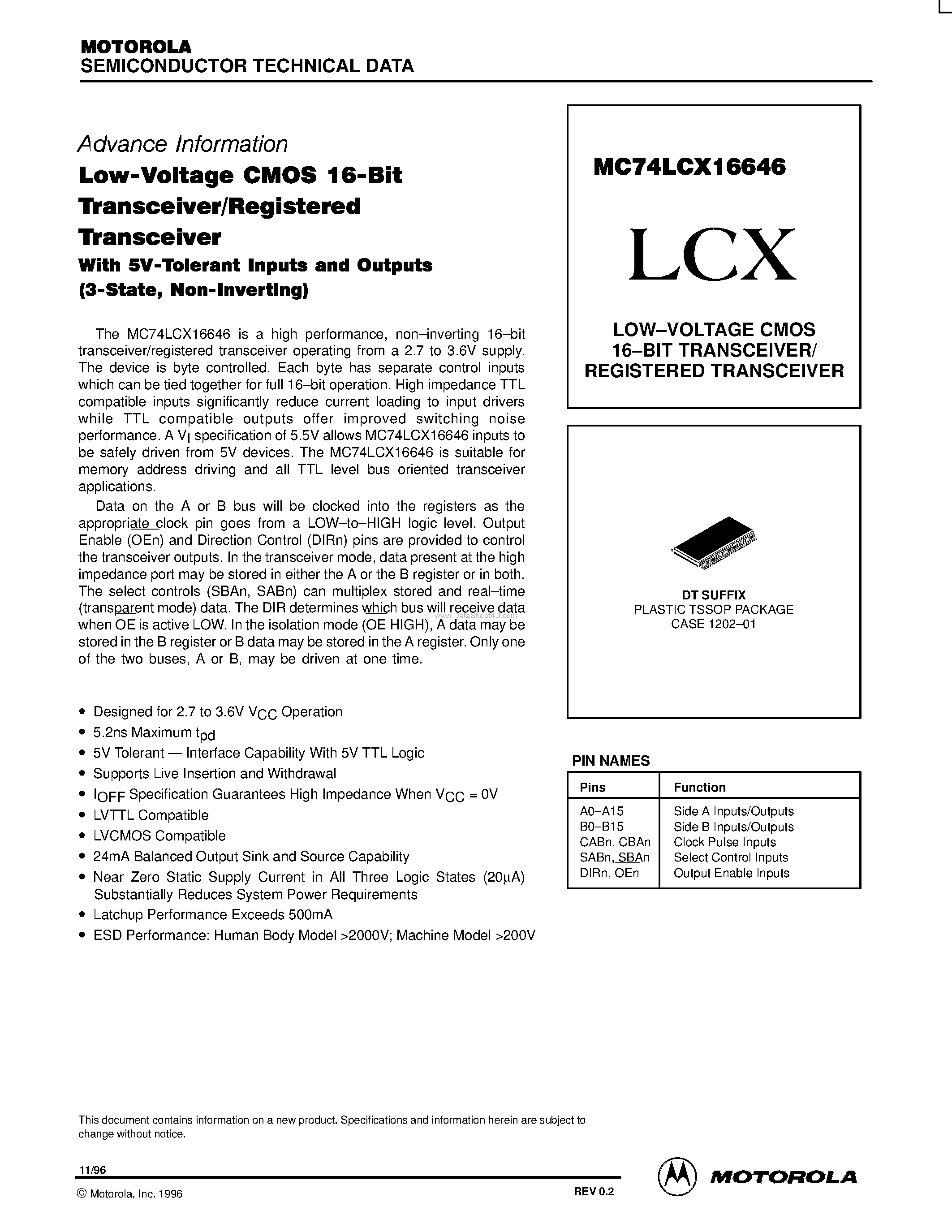 Даташит MC74LCX16646 - LOW-VOLTAGE CMOS 16-BIT TRANSCEIVER/ REGISTERED TRANSCEIVER страница 1