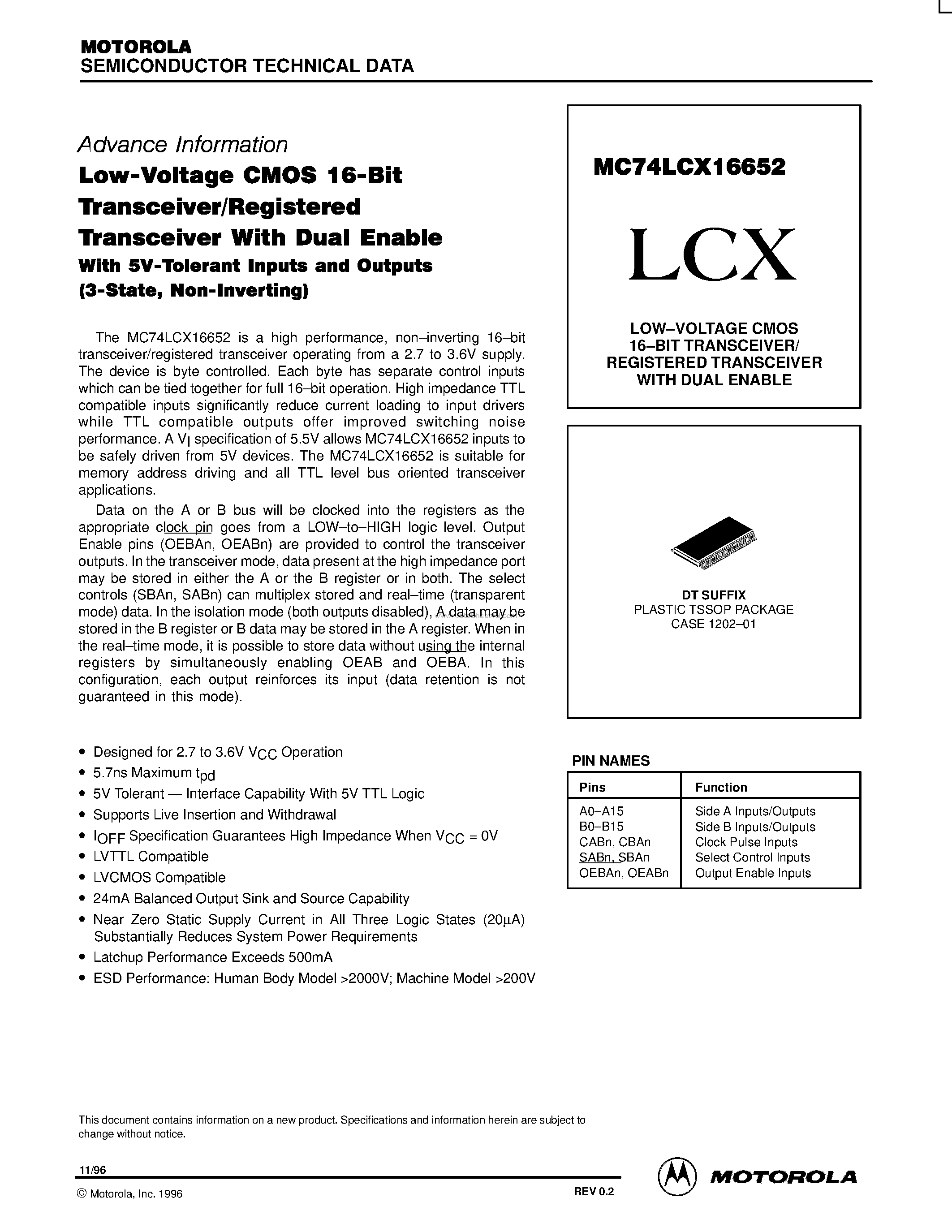 Даташит MC74LCX16652 - LOW-VOLTAGE CMOS 16-BIT TRANSCEIVER/ REGISTERED TRANSCEIVER страница 1