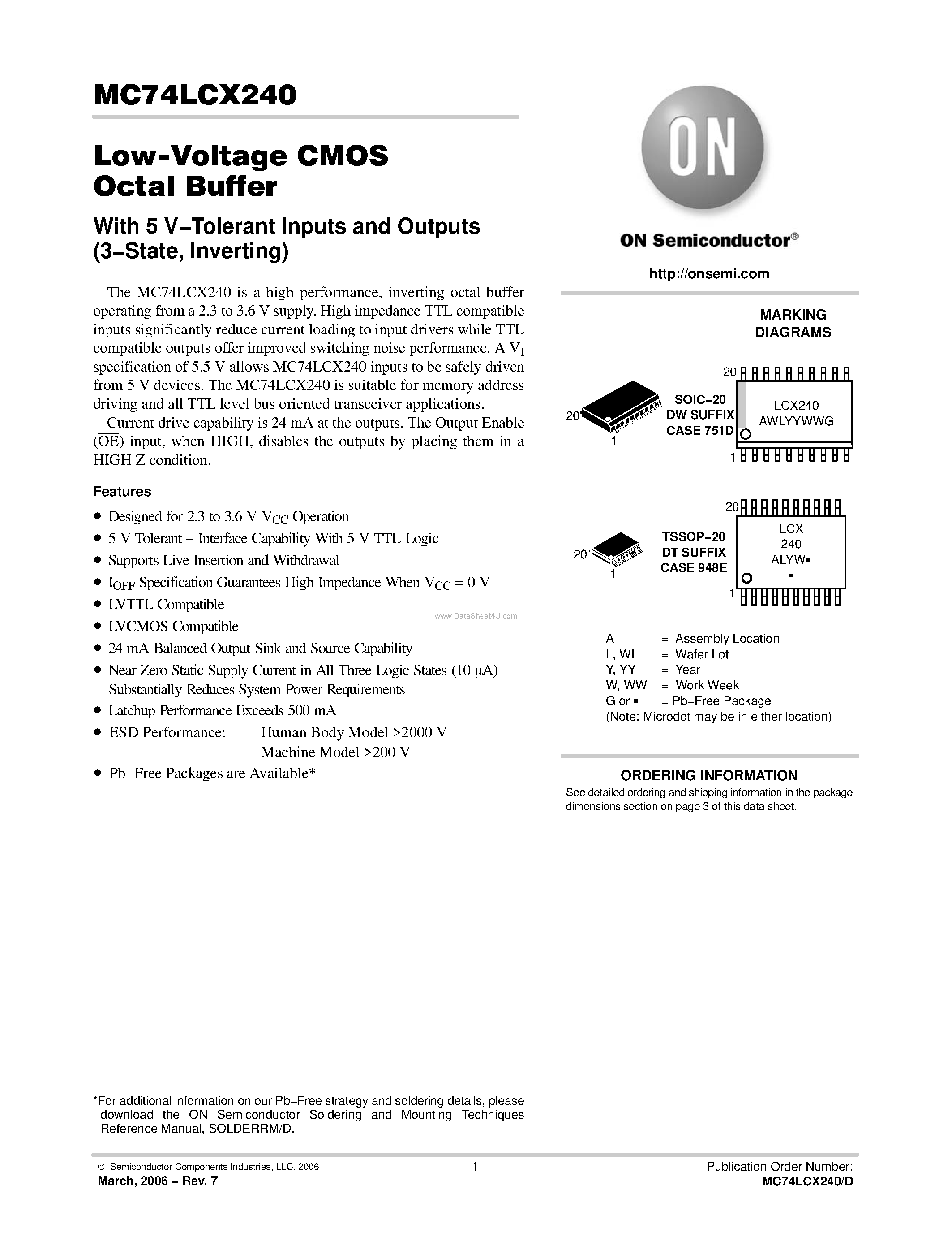 Даташит MC74LCX240 - Low-Voltage CMOS Octal Buffer страница 1
