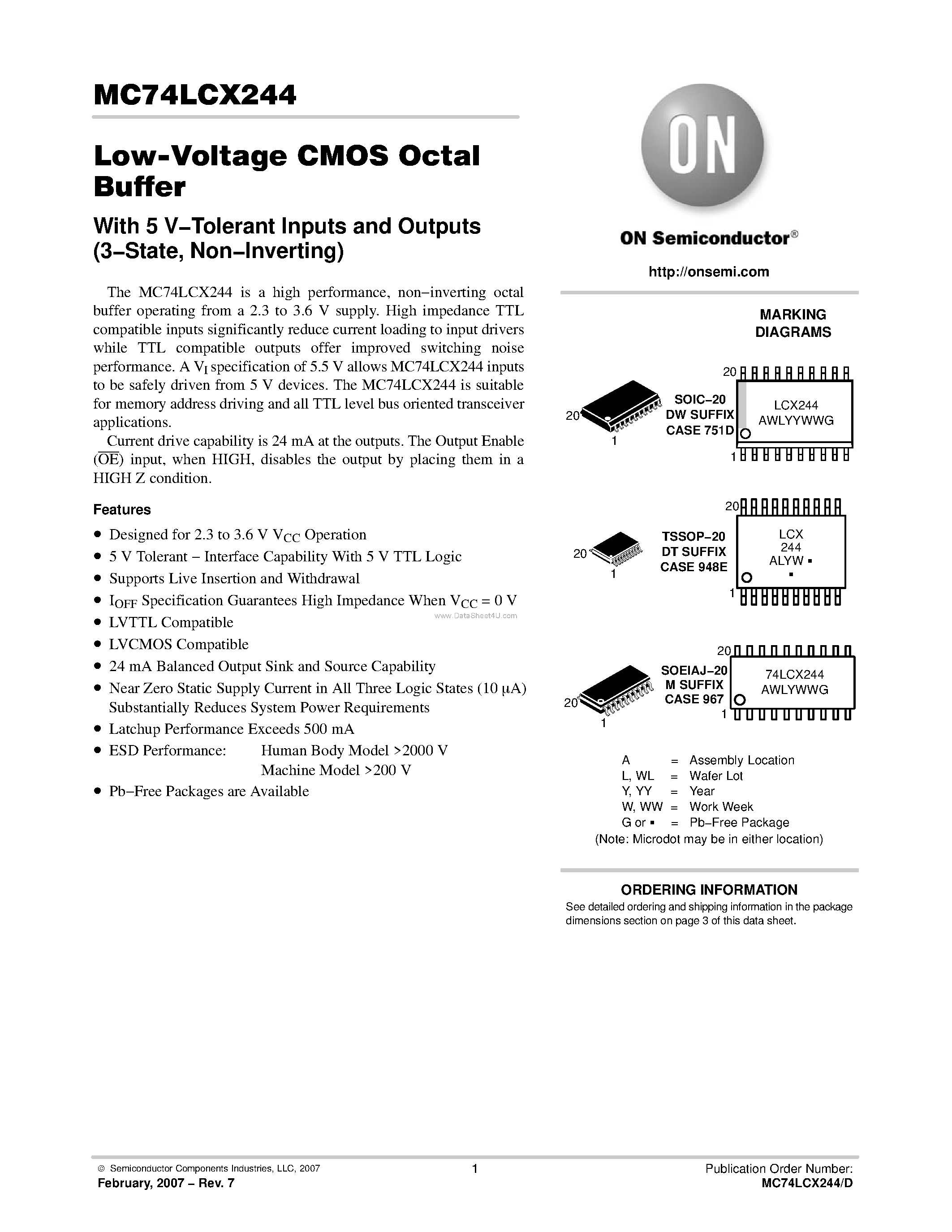 Даташит MC74LCX244 - Low-Voltage CMOS Octal Buffer страница 1
