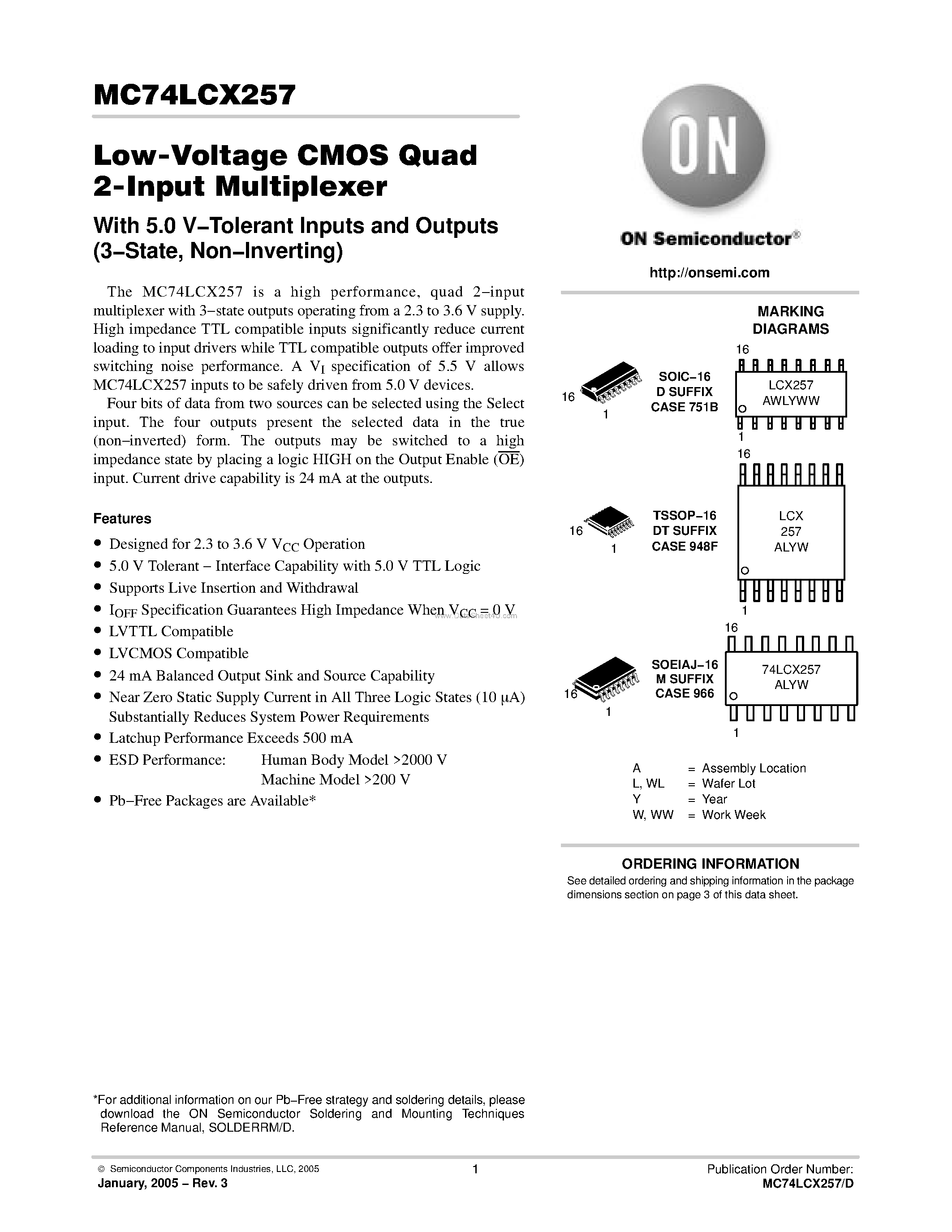 Даташит MC74LCX257 - Low-Voltage CMOS Quad 2-Input Multiplexer страница 1