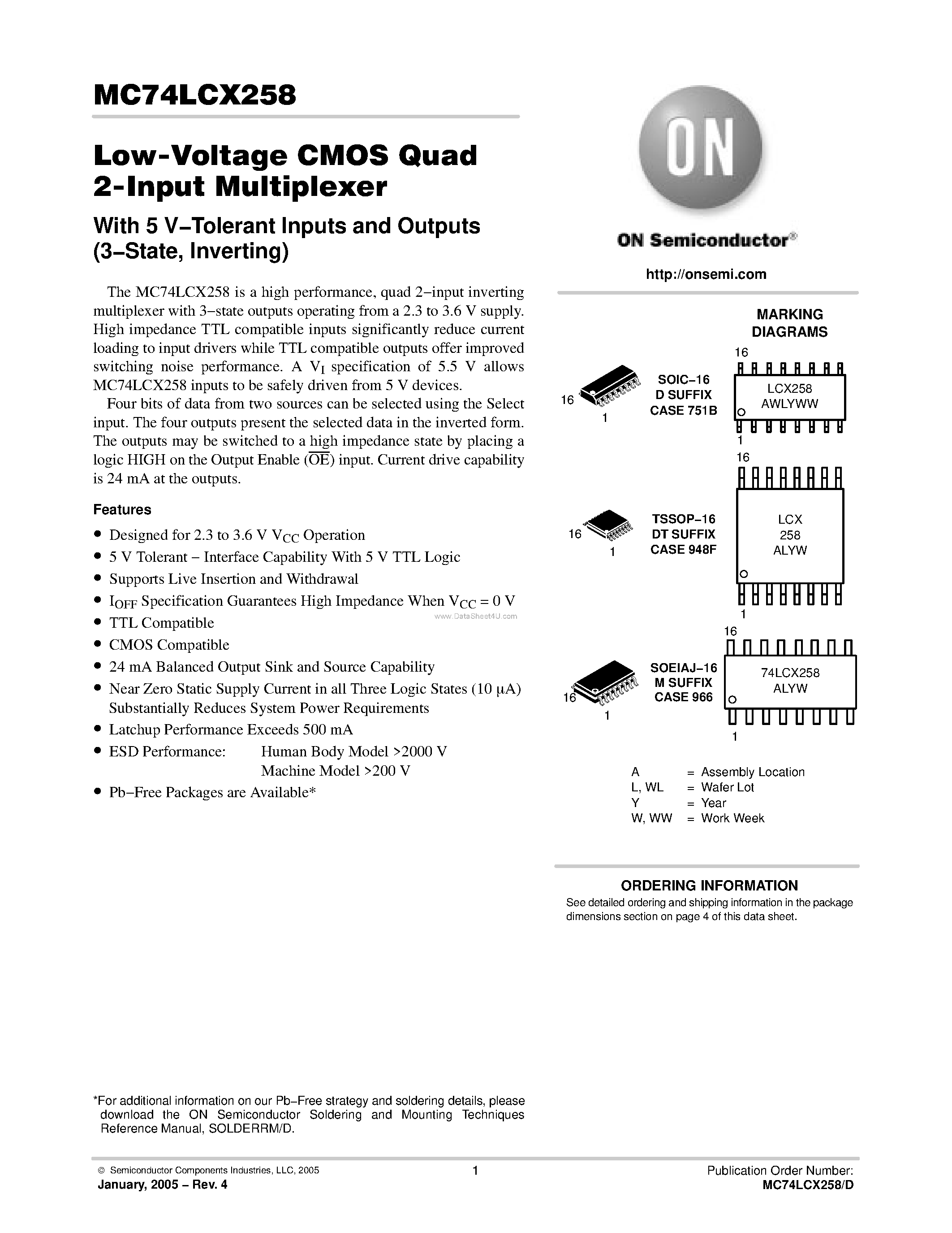 Даташит MC74LCX258 - Low-Voltage CMOS Quad 2-Input Multiplexer страница 1