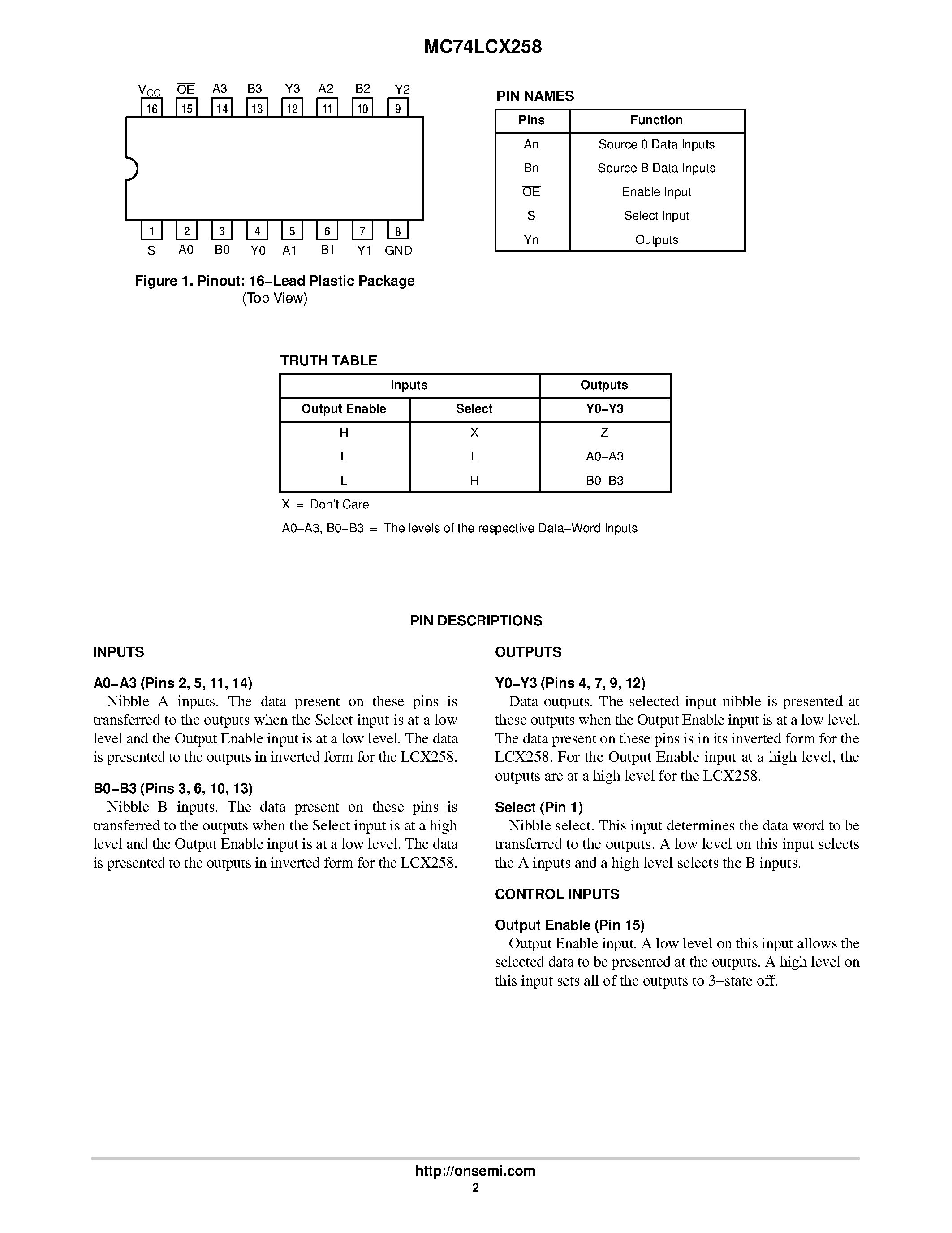 Даташит MC74LCX258 - Low-Voltage CMOS Quad 2-Input Multiplexer страница 2