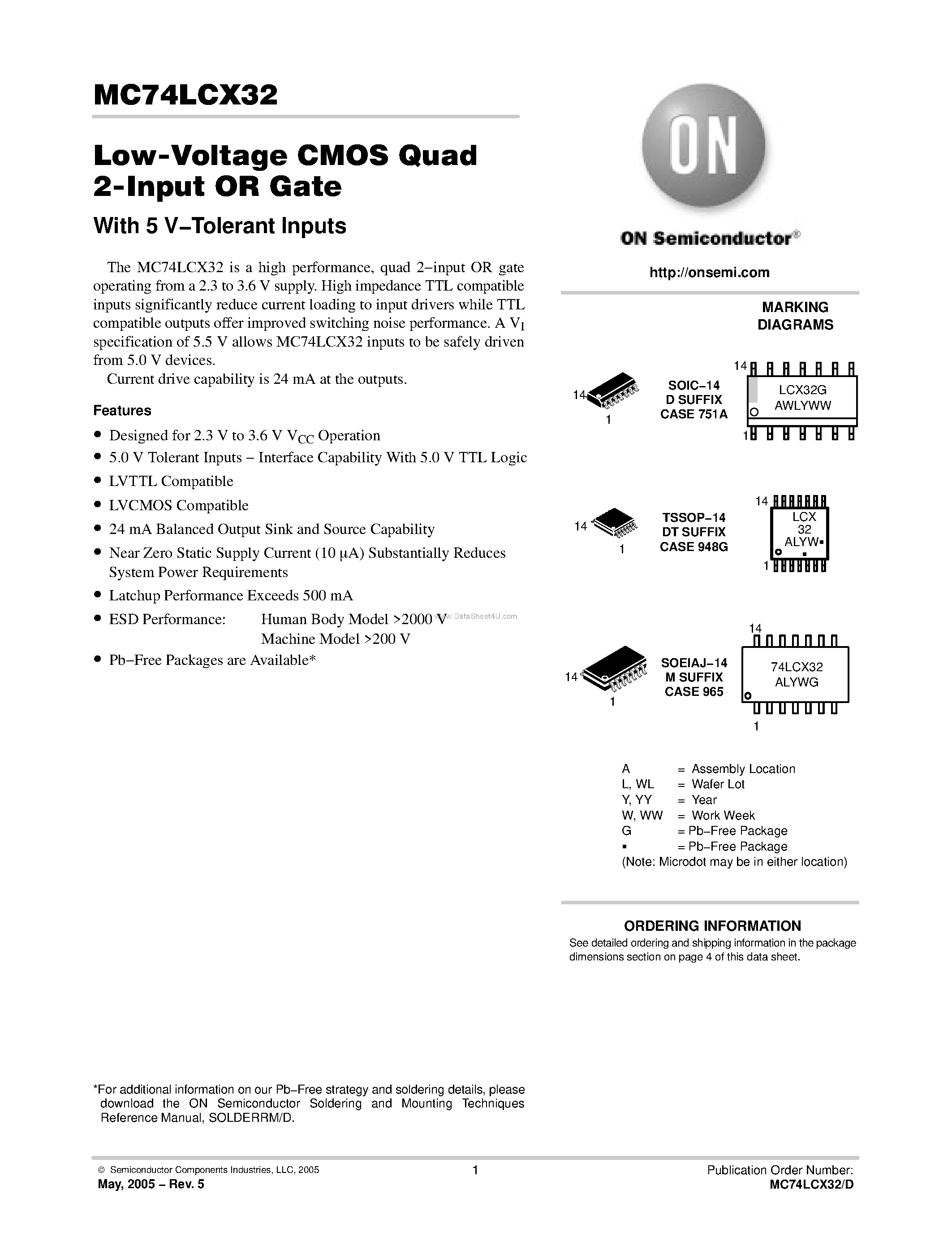 Даташит MC74LCX32 - Low-Voltage CMOS Quad 2-Input OR Gate страница 1