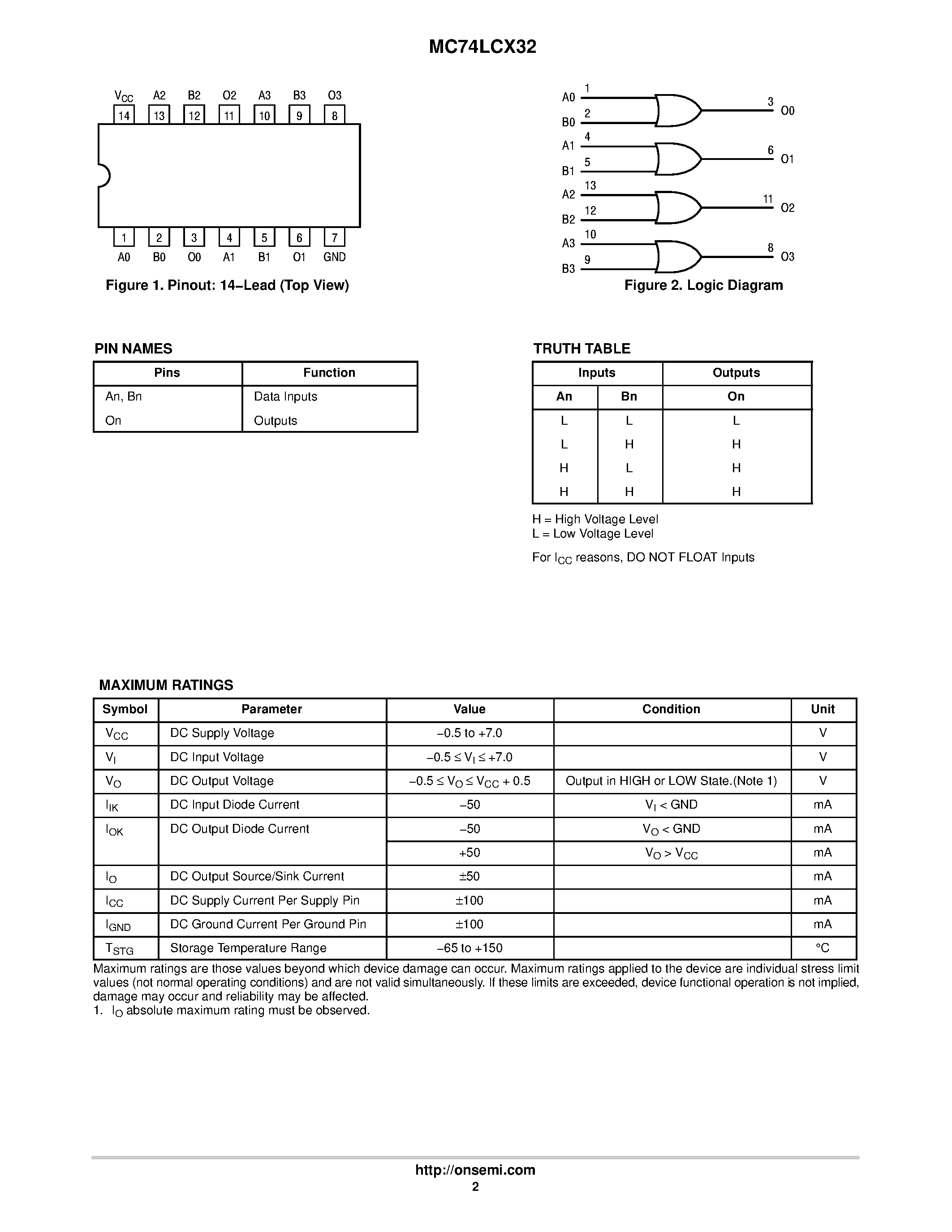 Даташит MC74LCX32 - Low-Voltage CMOS Quad 2-Input OR Gate страница 2