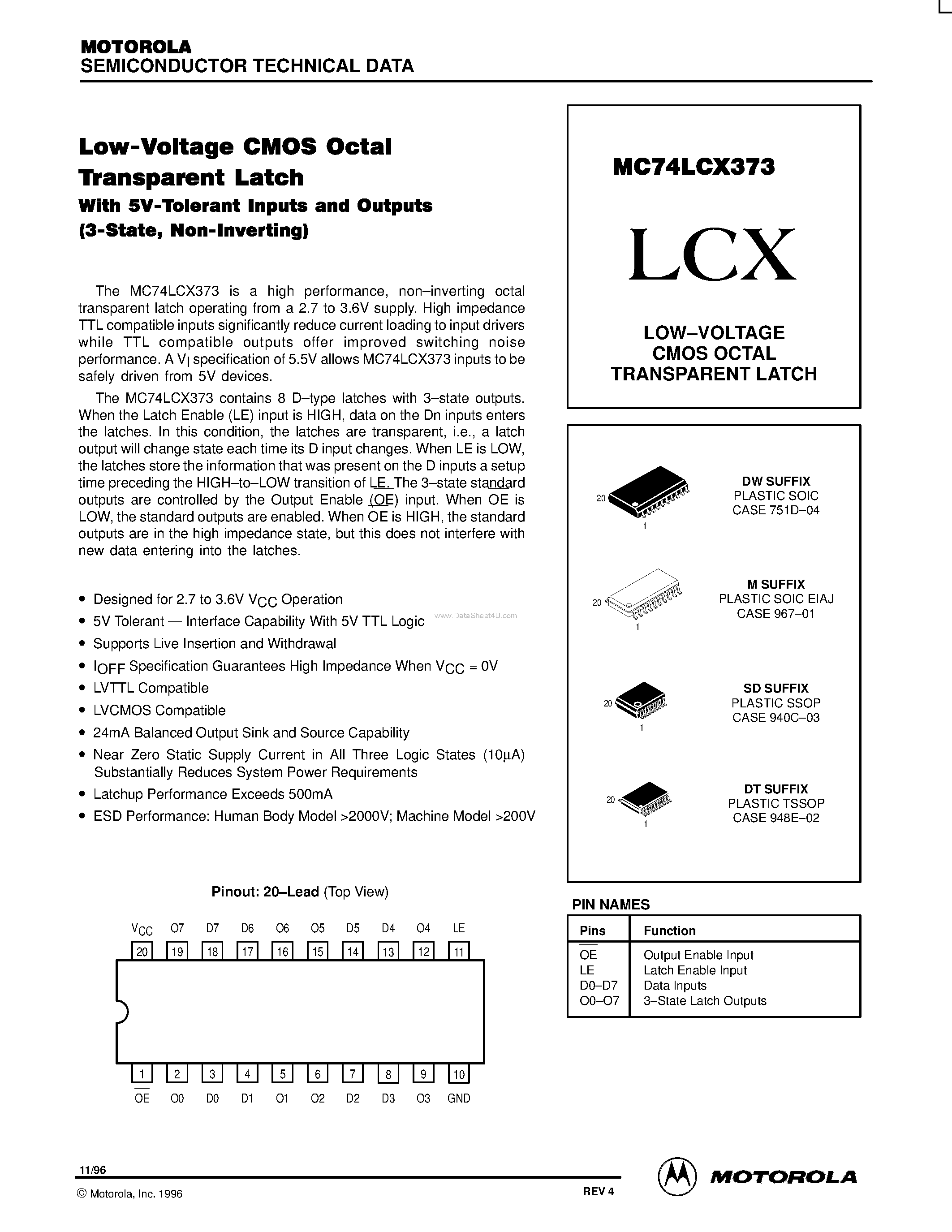 Даташит MC74LCX373 - LOW-VOLTAGE CMOS OCTAL TRANSPARENT LATCH страница 1