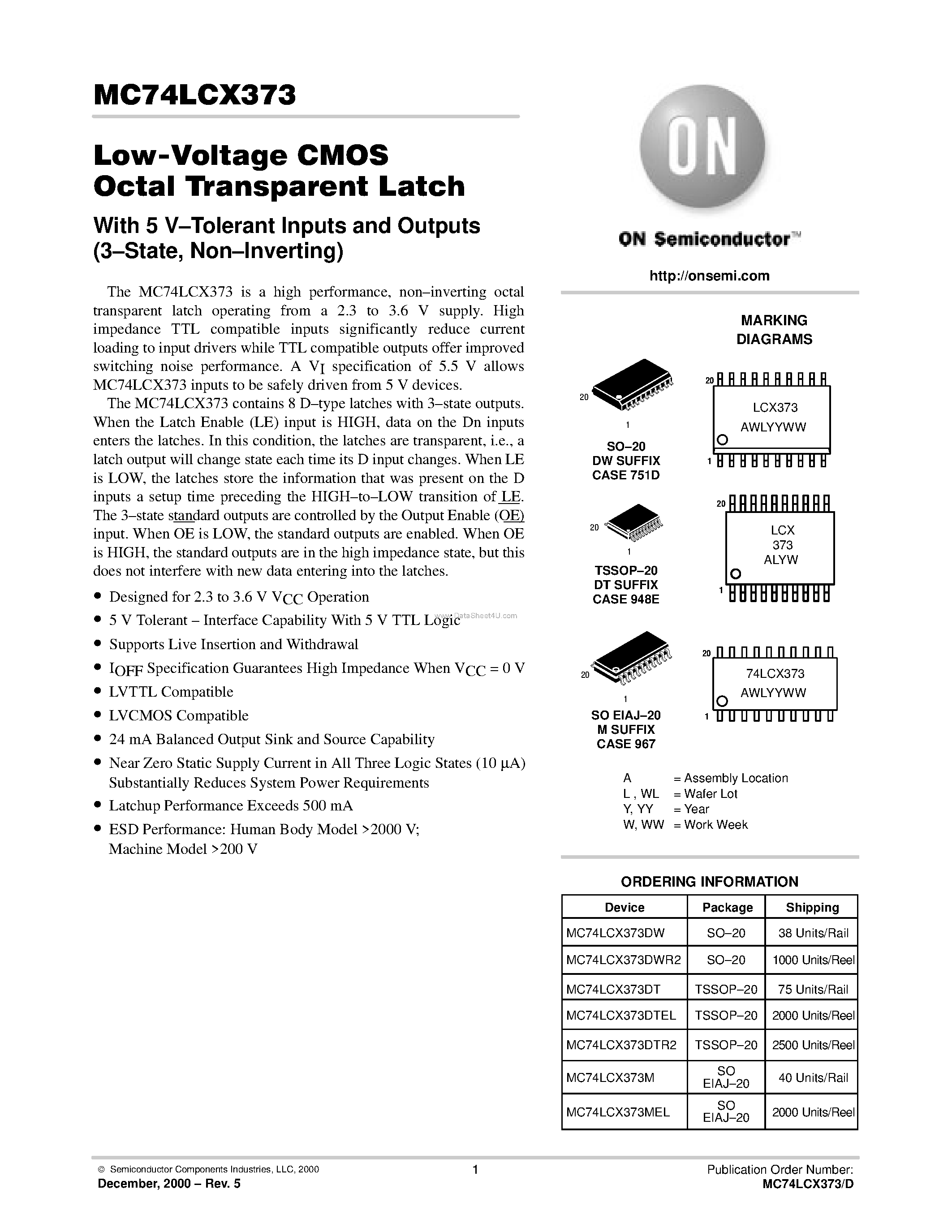 Даташит MC74LCX373 - LOW-VOLTAGE CMOS OCTAL TRANSPARENT LATCH страница 1