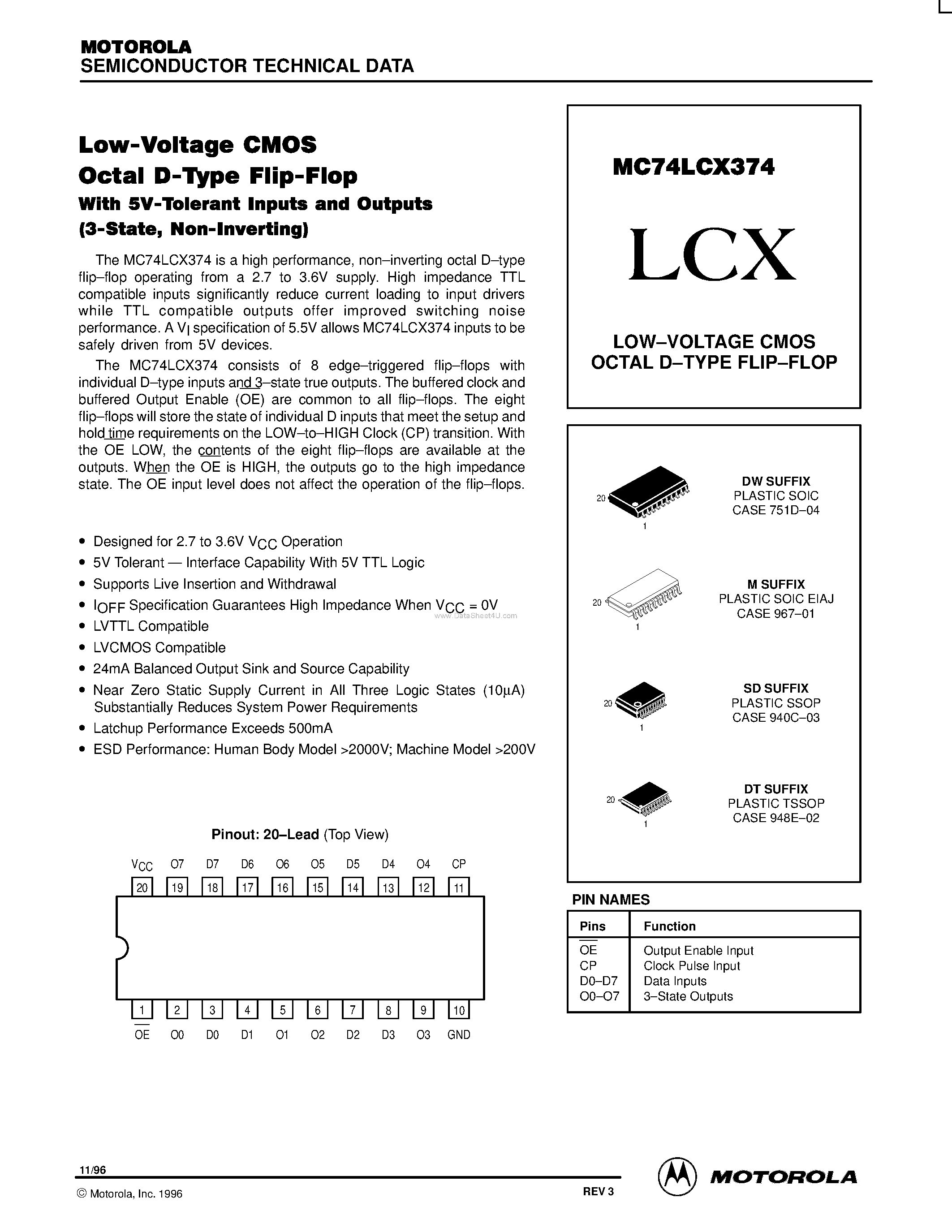 Даташит MC74LCX374 - LOW-VOLTAGE CMOS OCTAL D-TYPE FLIP-FLOP страница 1