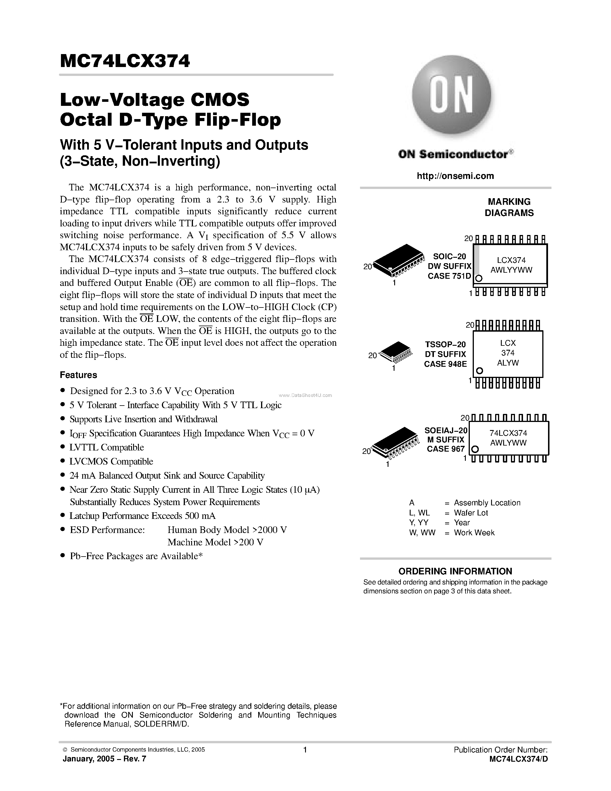 Даташит MC74LCX374 - Low-Voltage CMOS Octal D-Type Flip-Flop страница 1