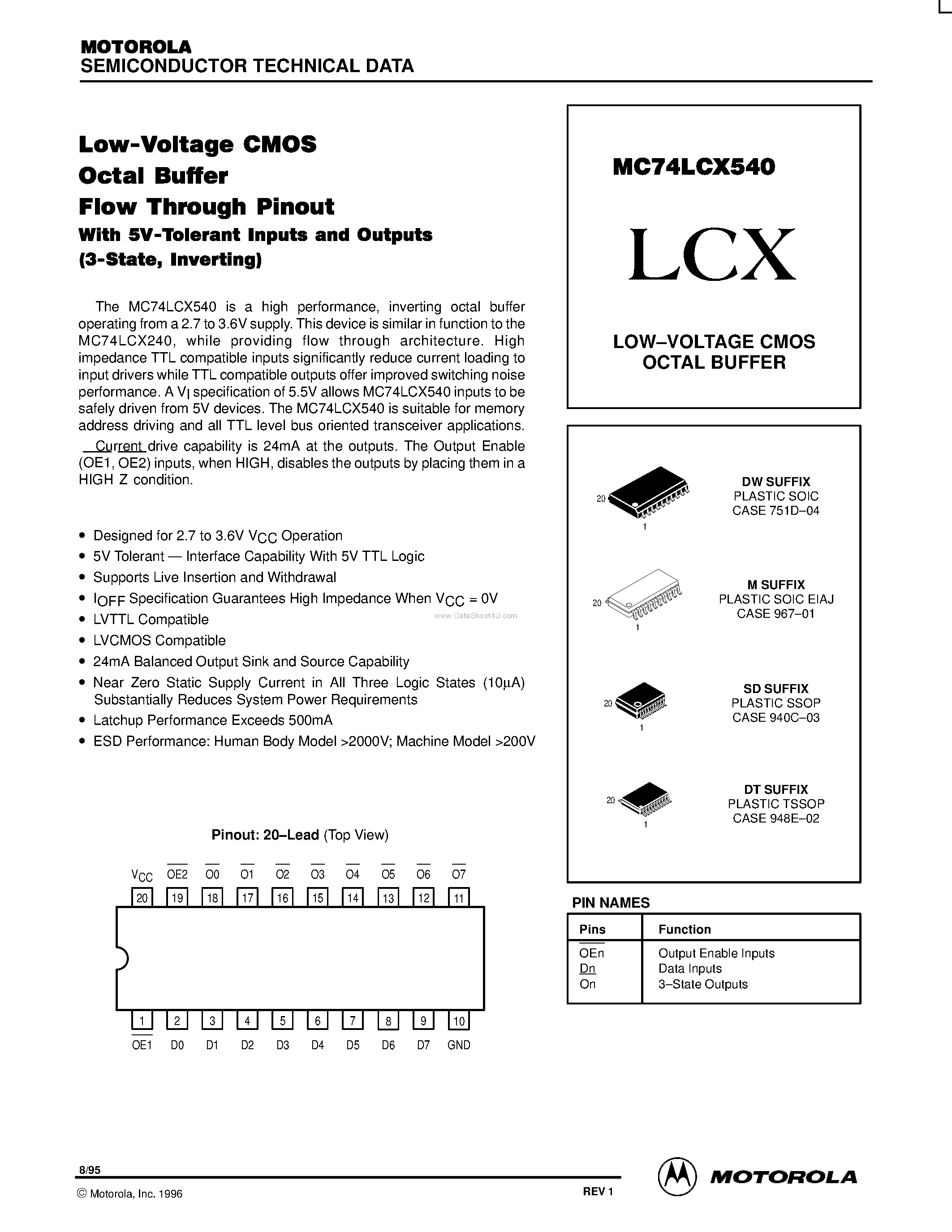 Даташит MC74LCX540 - LOW-VOLTAGE CMOS OCTAL BUFFER страница 1