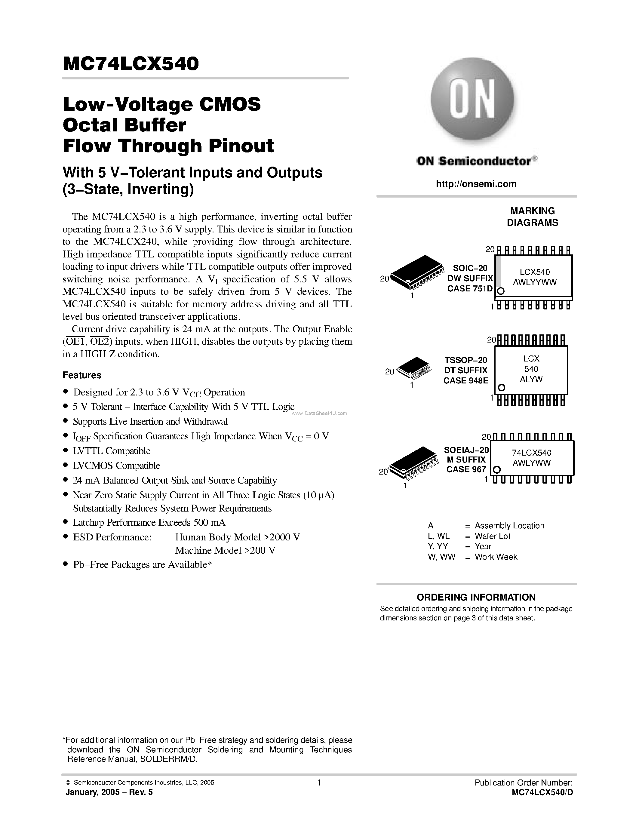 Даташит MC74LCX540 - Low-Voltage CMOS Octal Buffer страница 1