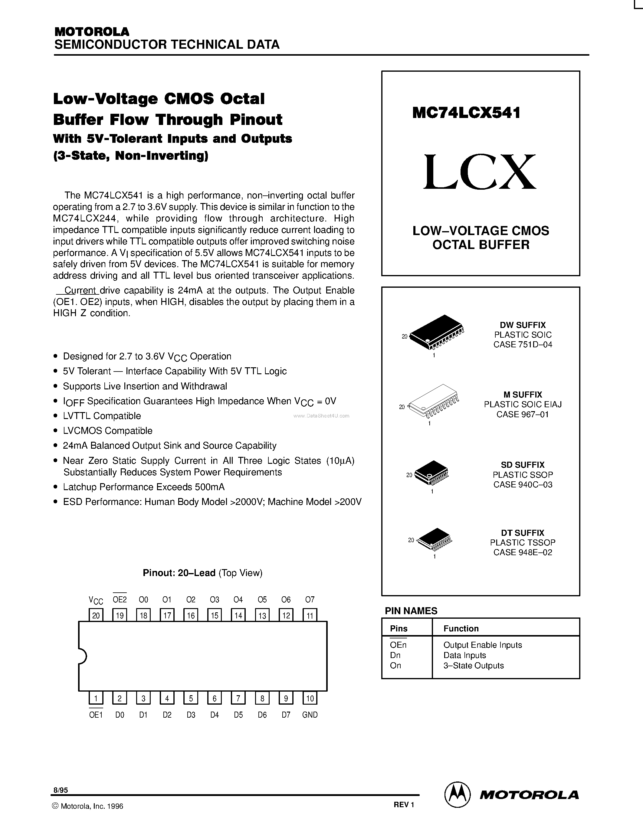 Даташит MC74LCX541 - LOW-VOLTAGE CMOS OCTAL BUFFER страница 1