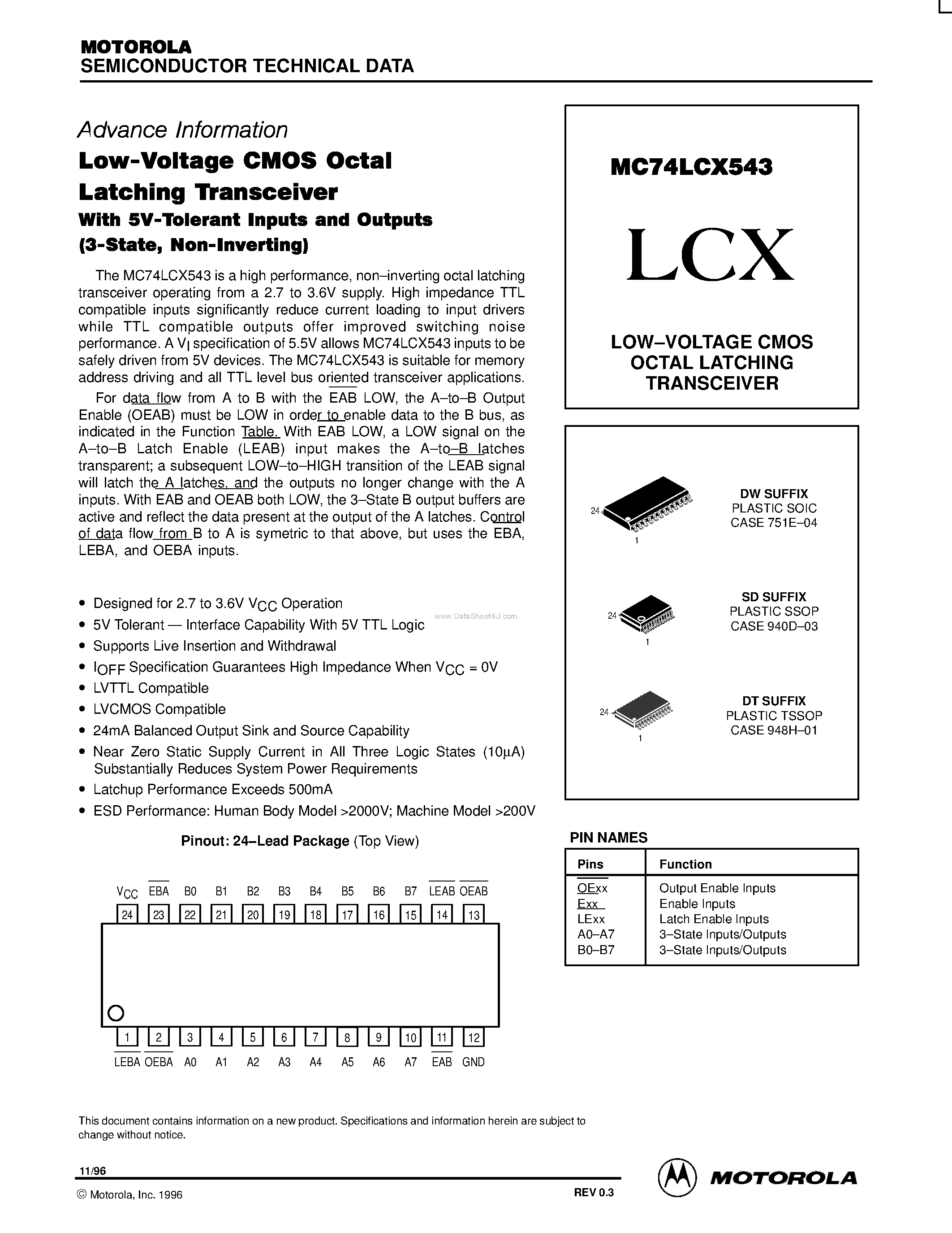 Даташит MC74LCX543 - LOW-VOLTAGE CMOS OCTAL LATCHING TRANSCEIVER страница 1