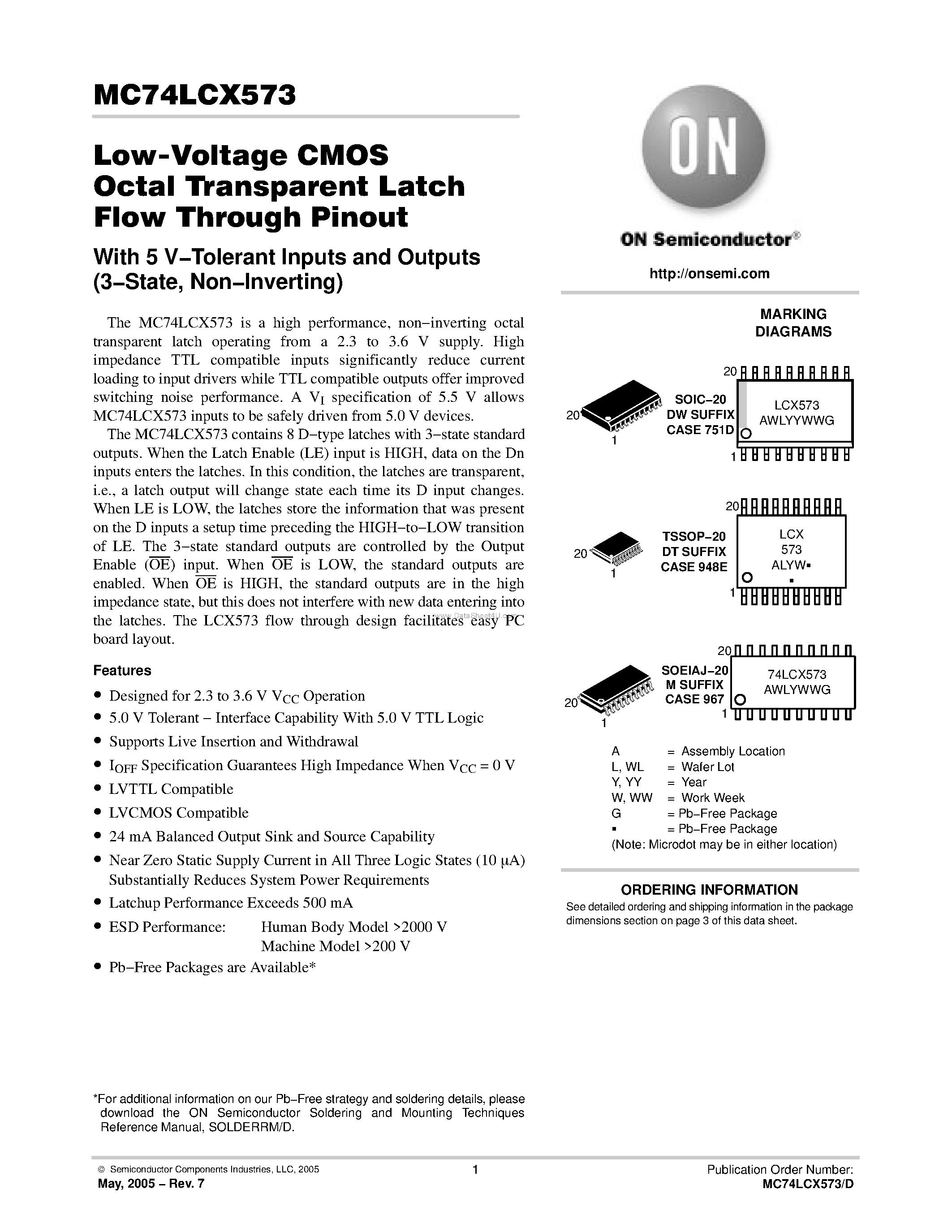 Даташит MC74LCX573 - Low-Voltage CMOS Octal Transparent Latch страница 1