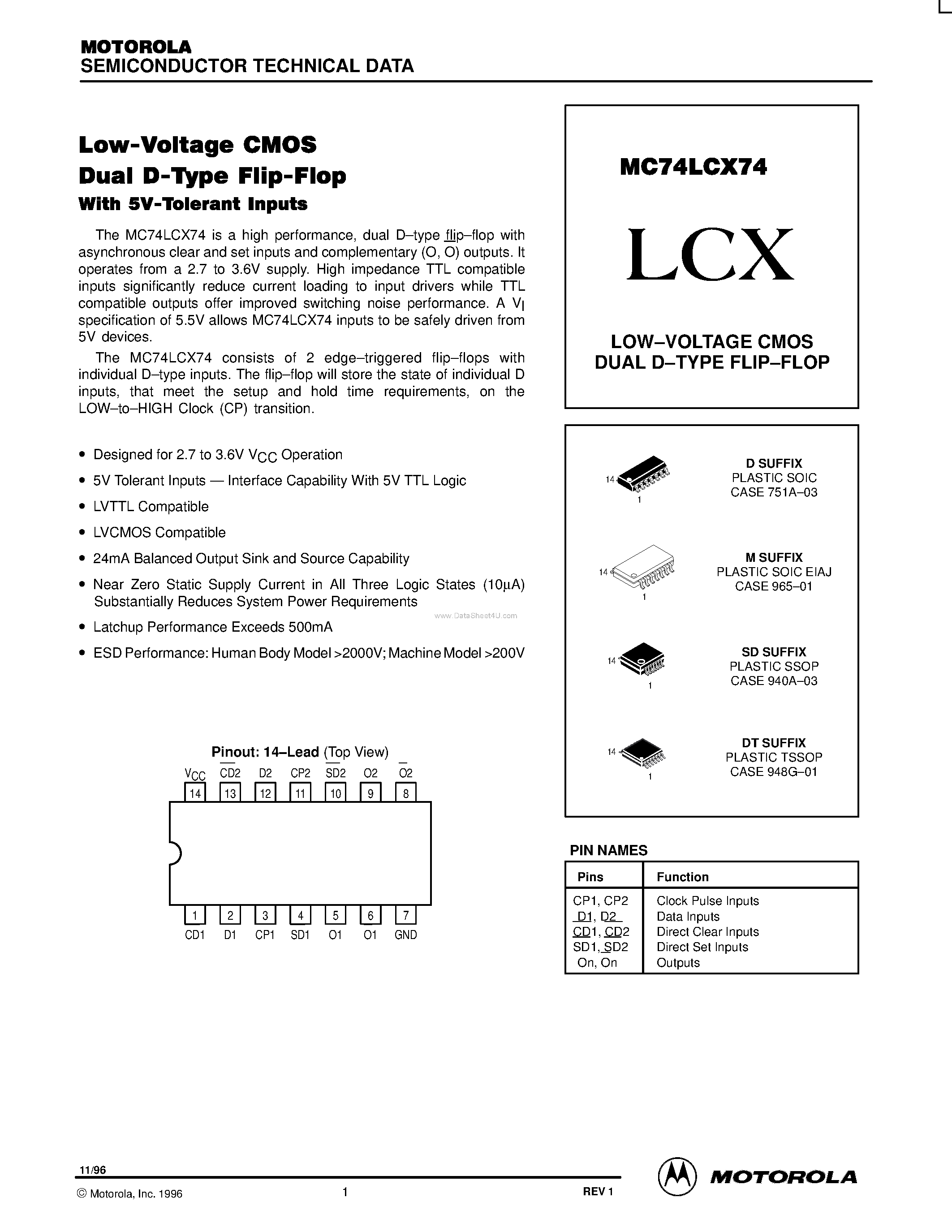 Даташит MC74LCX74 - LOW-VOLTAGE CMOS DUAL D-TYPE FLIP-FLOP страница 1