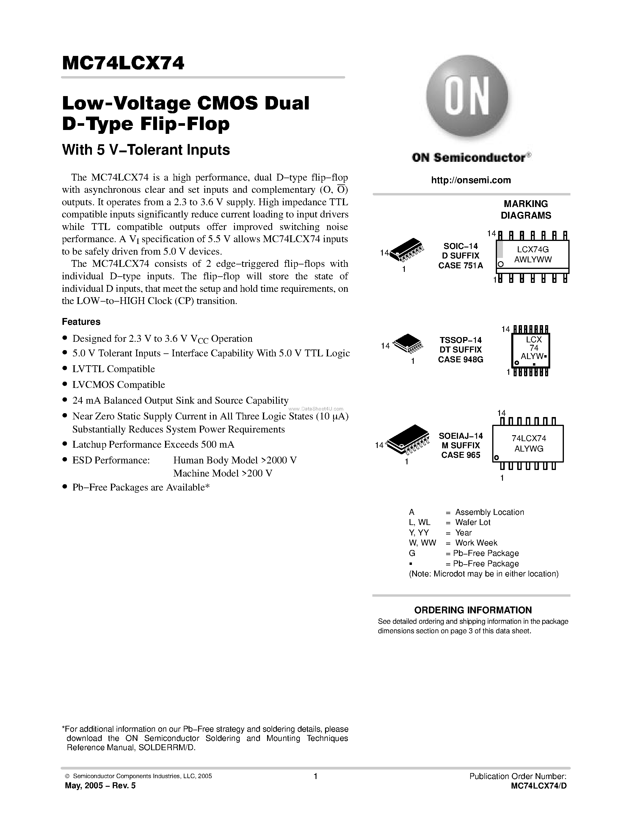 Даташит MC74LCX74 - LOW-VOLTAGE CMOS DUAL D-TYPE FLIP-FLOP страница 1
