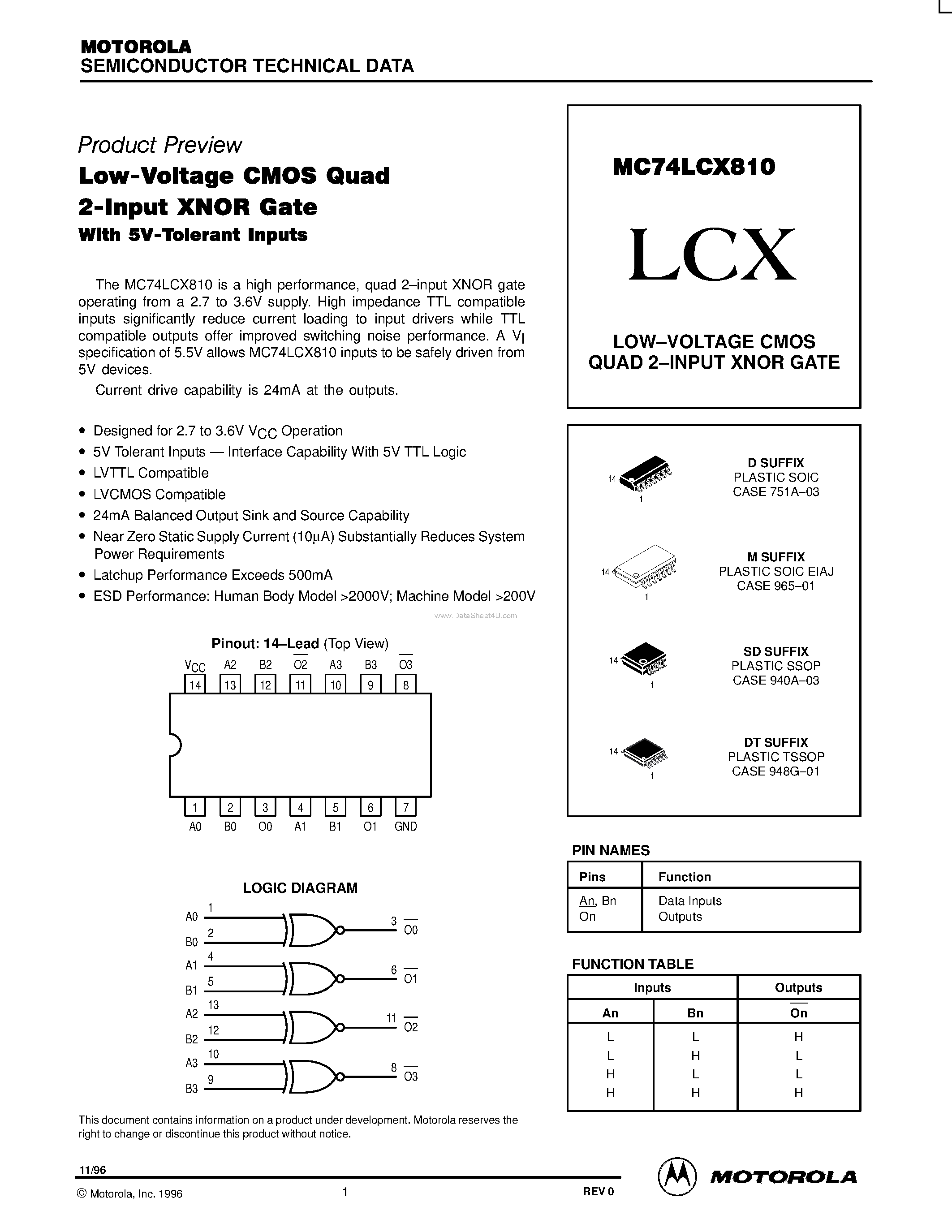 Даташит на микросхему MC74LCX810 страница 1 Даташит MC74LCX810 - LOW-VOLTAGE CMOS QUAD 2-INPUT XNOR GATE страница 1