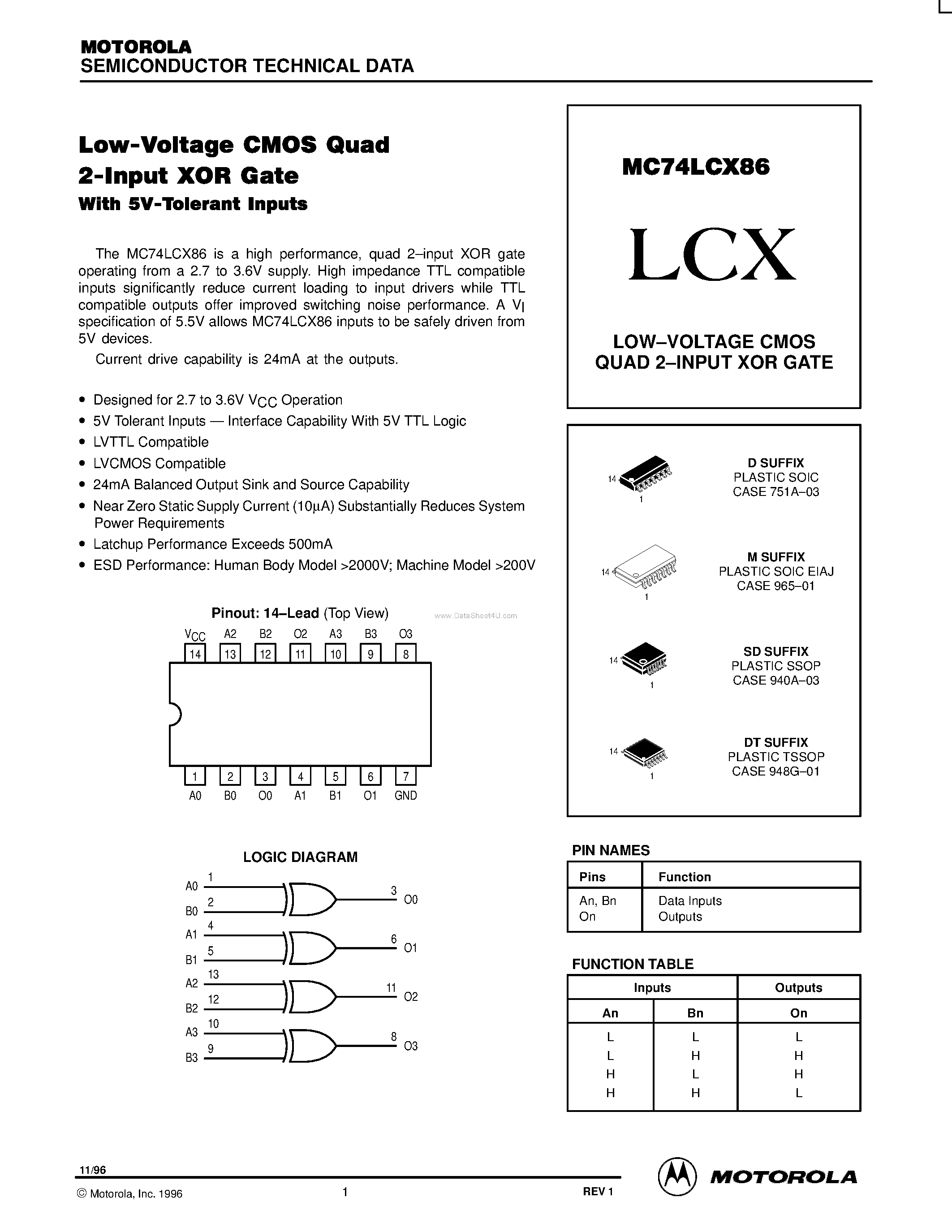 Даташит MC74LCX86 - LOW-VOLTAGE CMOS QUAD 2-INPUT XOR GATE страница 1