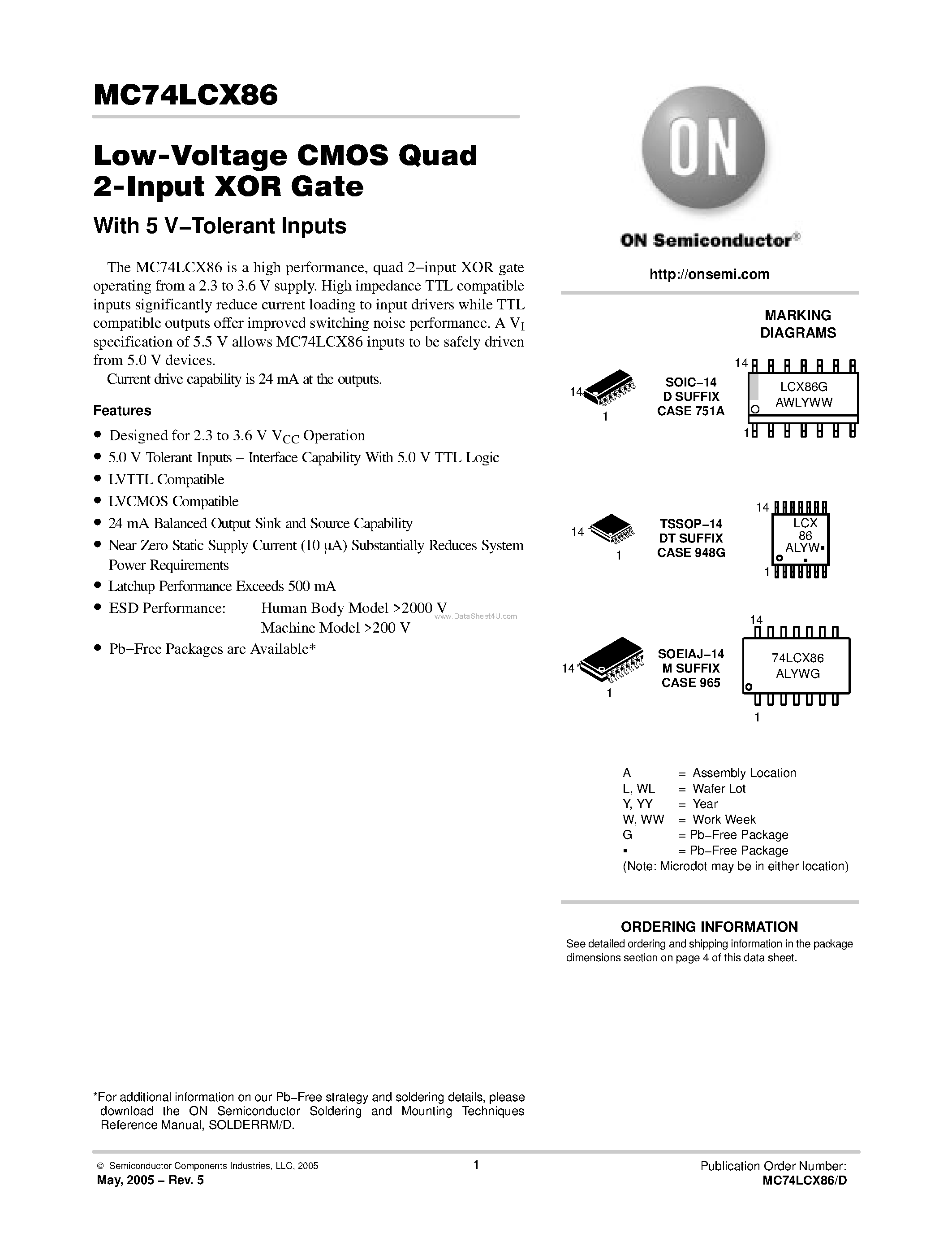 Даташит MC74LCX86 - LOW-VOLTAGE CMOS QUAD 2-INPUT XOR GATE страница 1