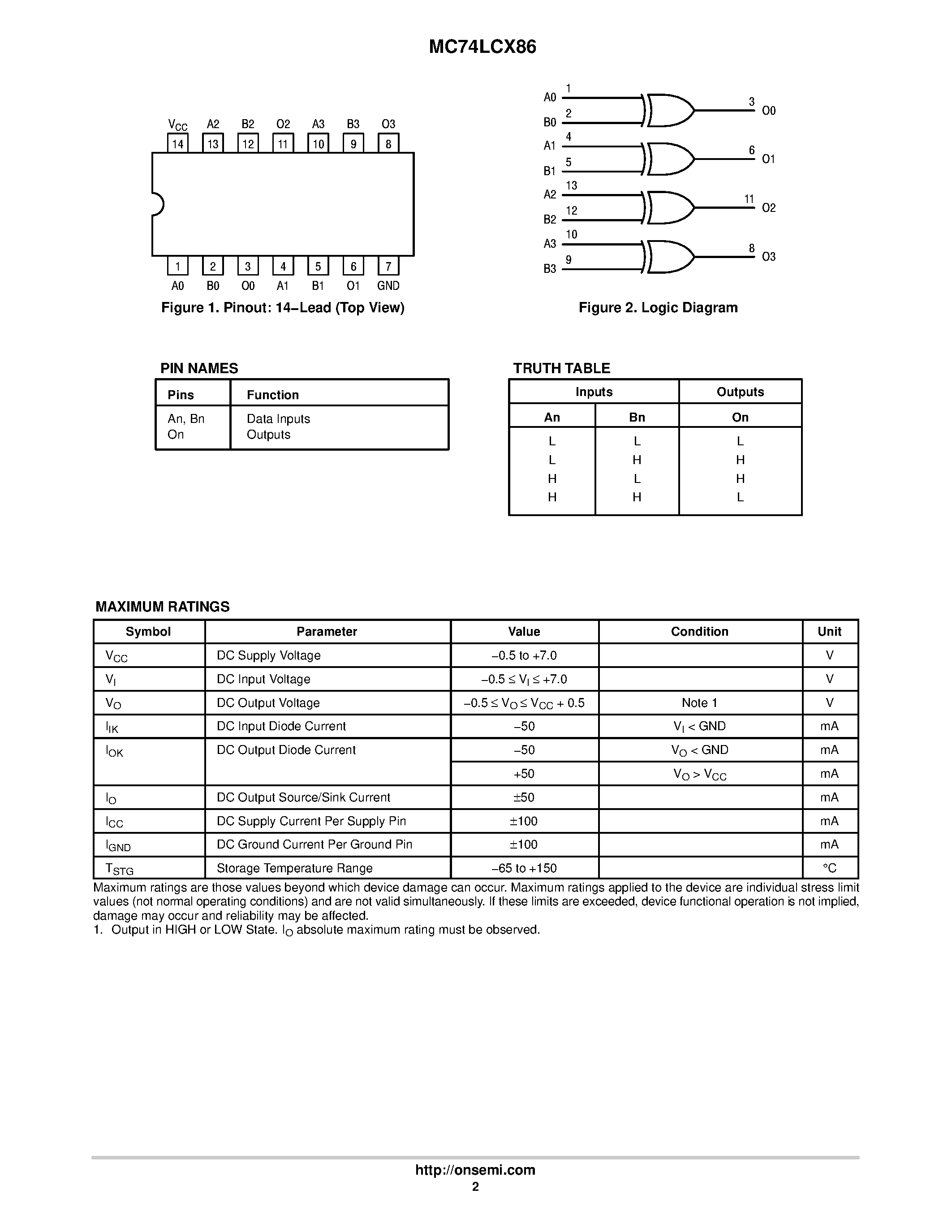 Даташит MC74LCX86 - LOW-VOLTAGE CMOS QUAD 2-INPUT XOR GATE страница 2