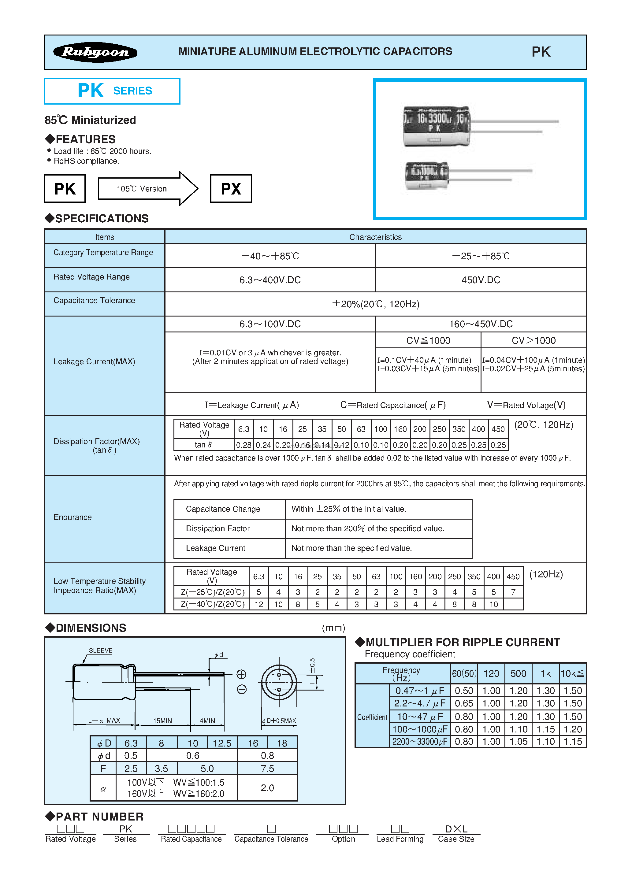 Datasheet 10PKxxxx - MINIATURE ALUMINUM ELECTROLYTIC CAPACITORS page 1