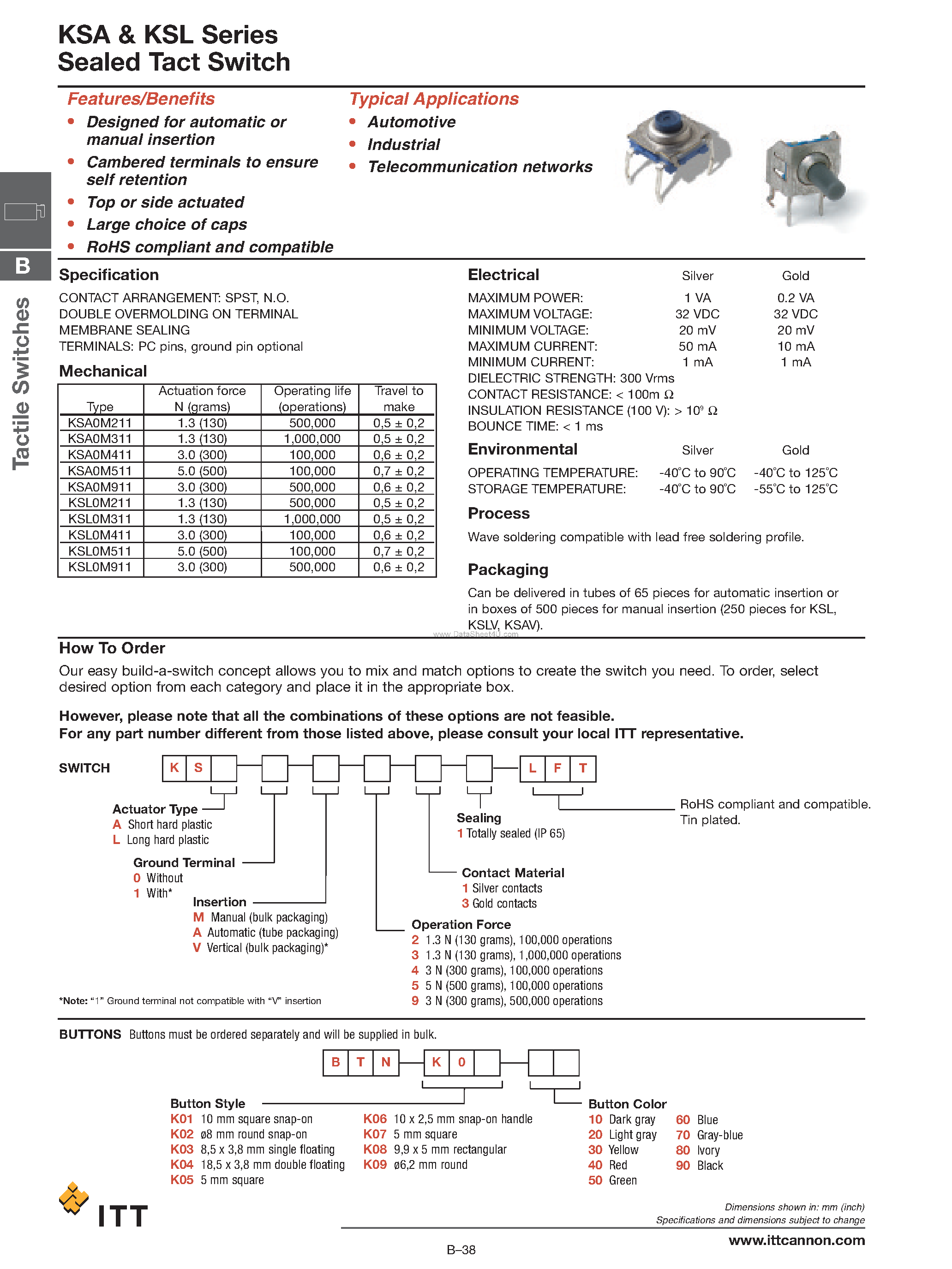 Datasheet KSA0Axxx - (KSA Series) Sealed Tact Switch page 1