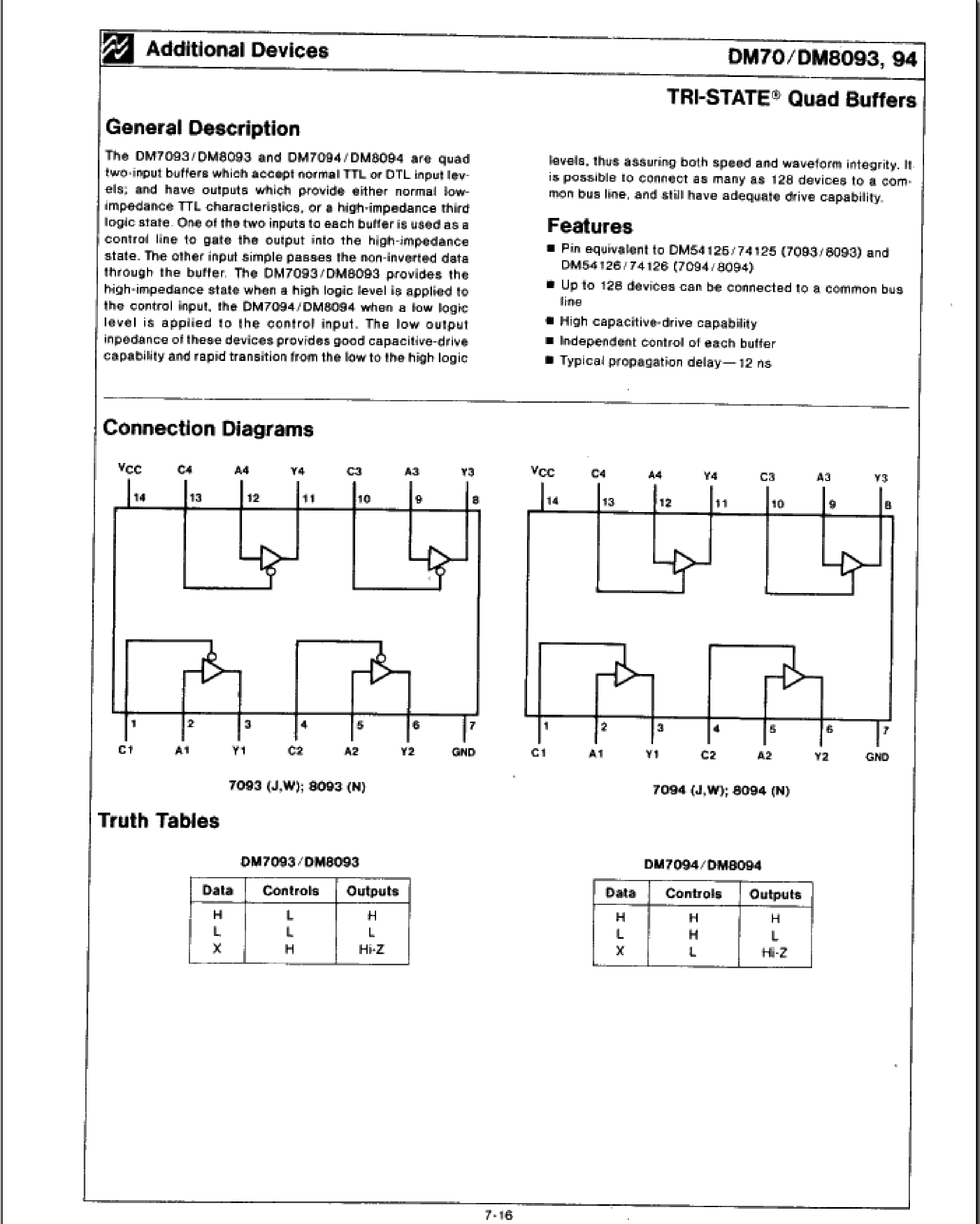 Datasheet DM7093 page 1 Datasheet DM7093 - (DM7093 / DM7094) TRI-STATE Hex Buffers page 1