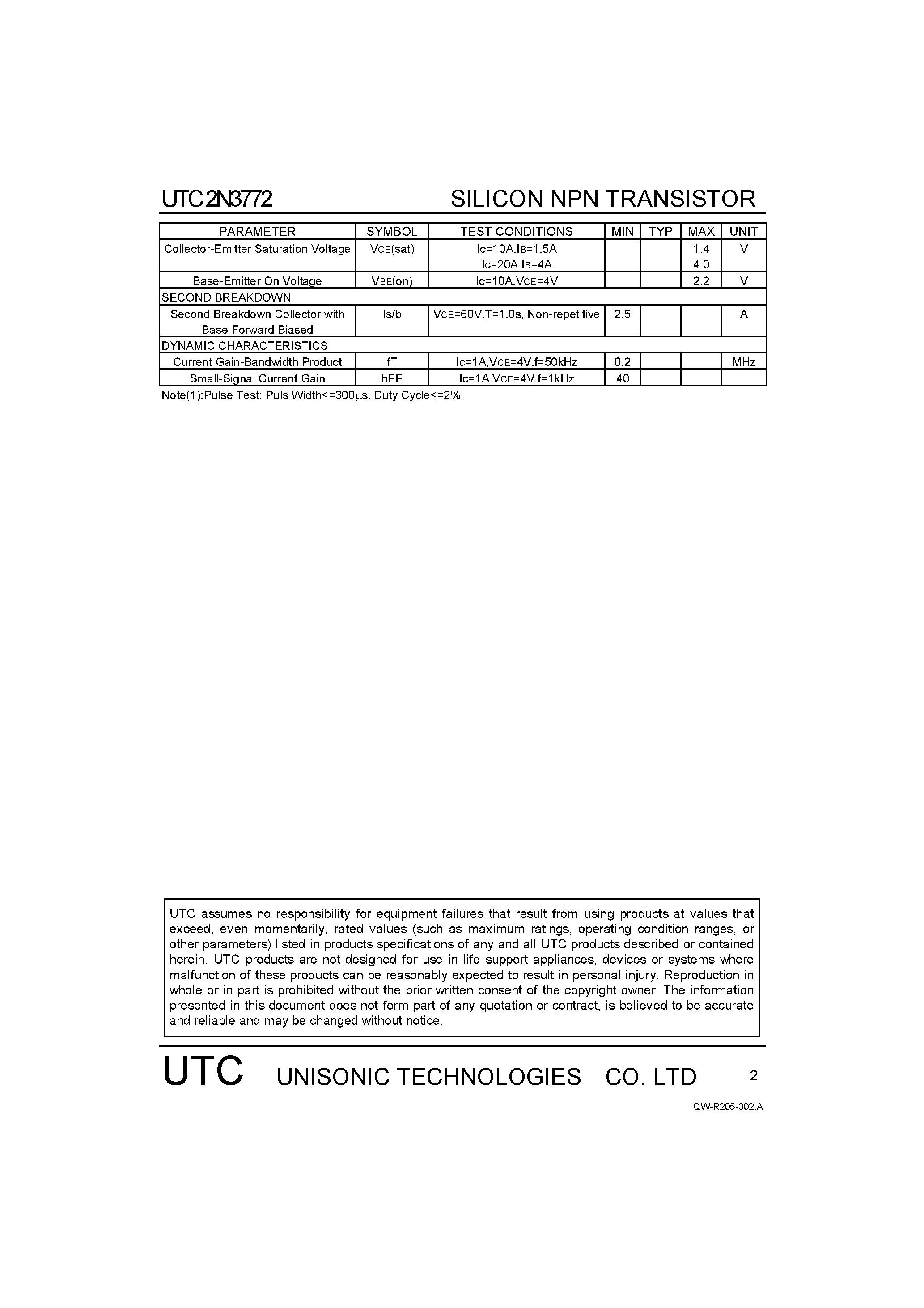 Datasheet 2N3772 - SILICON NPN TRANSISTOR page 2