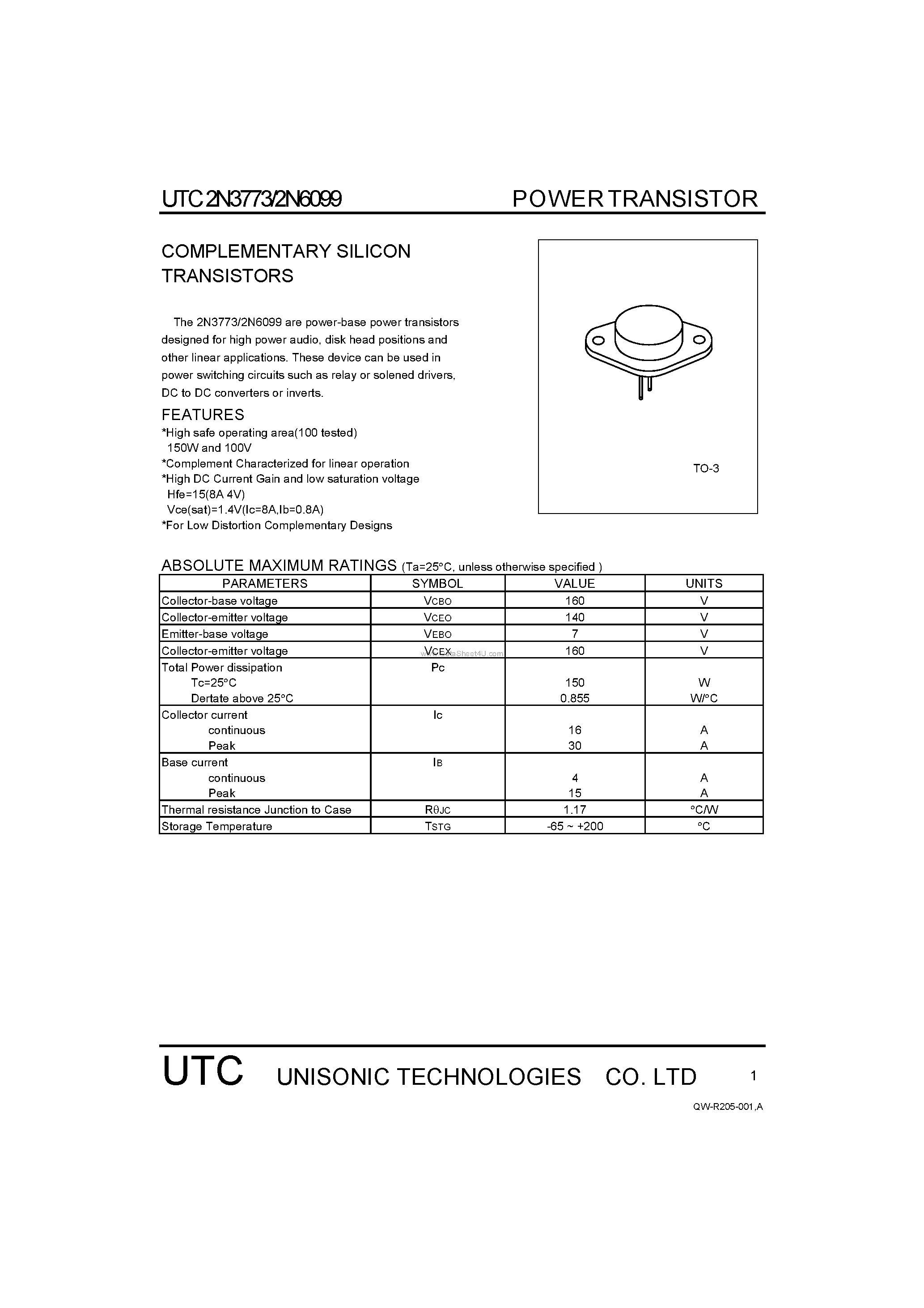 Datasheet 2N3773 - COMPLEMENTARY SILICON TRANSISTORS page 1