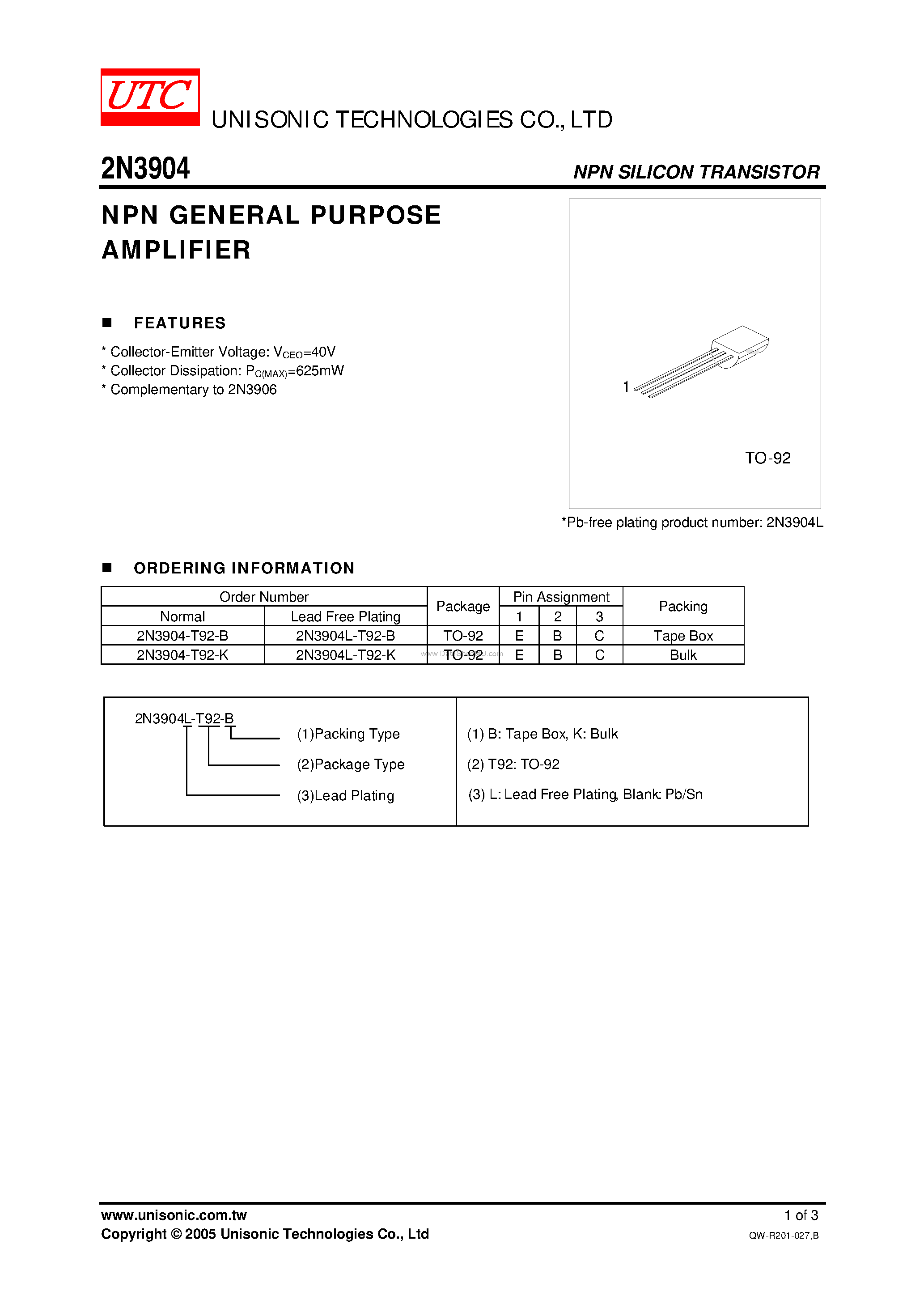 Даташит на микросхему 2N3904 страница 1 Даташит 2N3904 - NPN GENERAL PURPOSE AMPLIFIER страница 1
